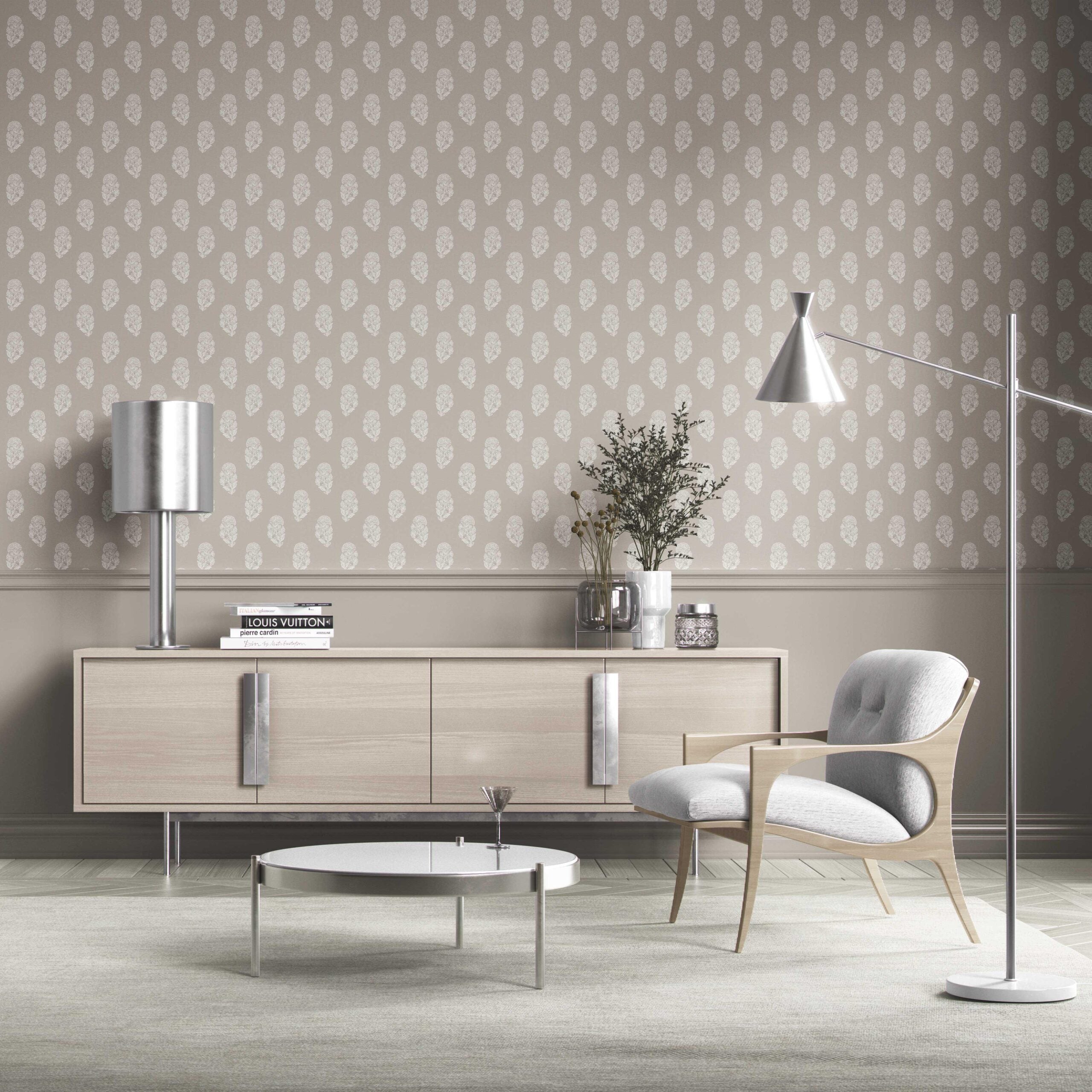Neutral Botanical/ Floral Block Print Kitchen Wallpaper Sample (Gray/ White)