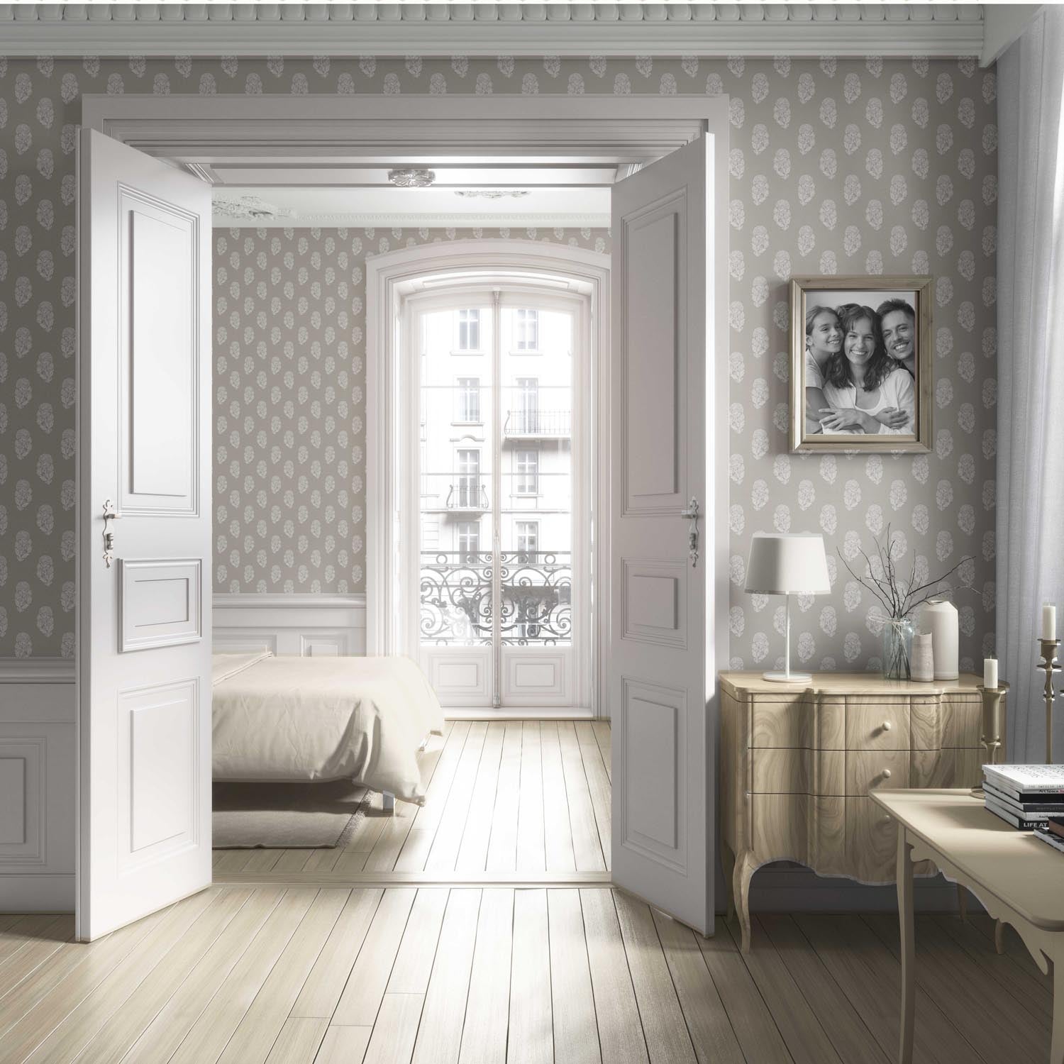 Neutral Botanical/ Floral Block Print Living Room Wallpaper Sample (Gray/ White)
