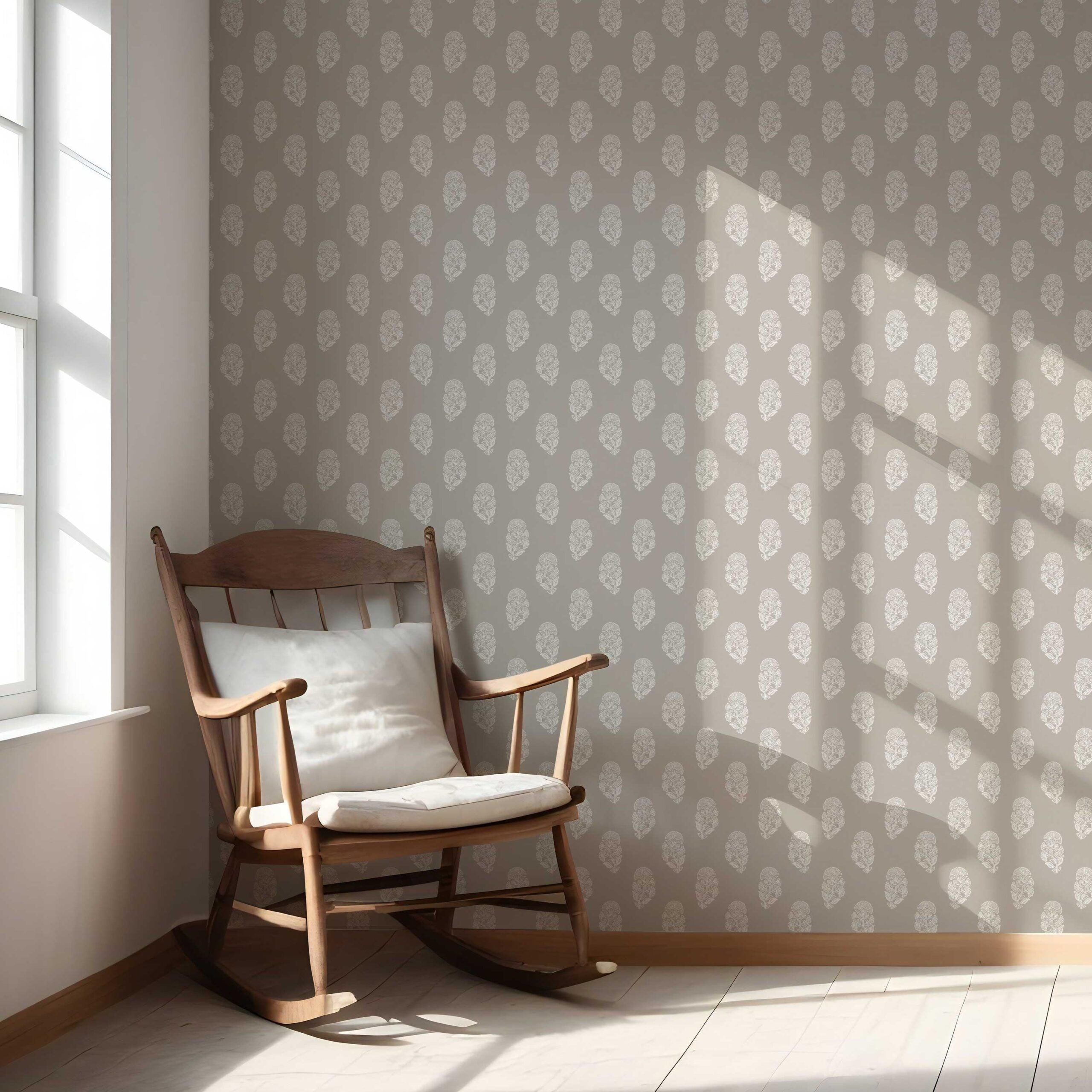 Neutral Botanical/ Floral Block Print Nursery Wallpaper (Gray/ White)
