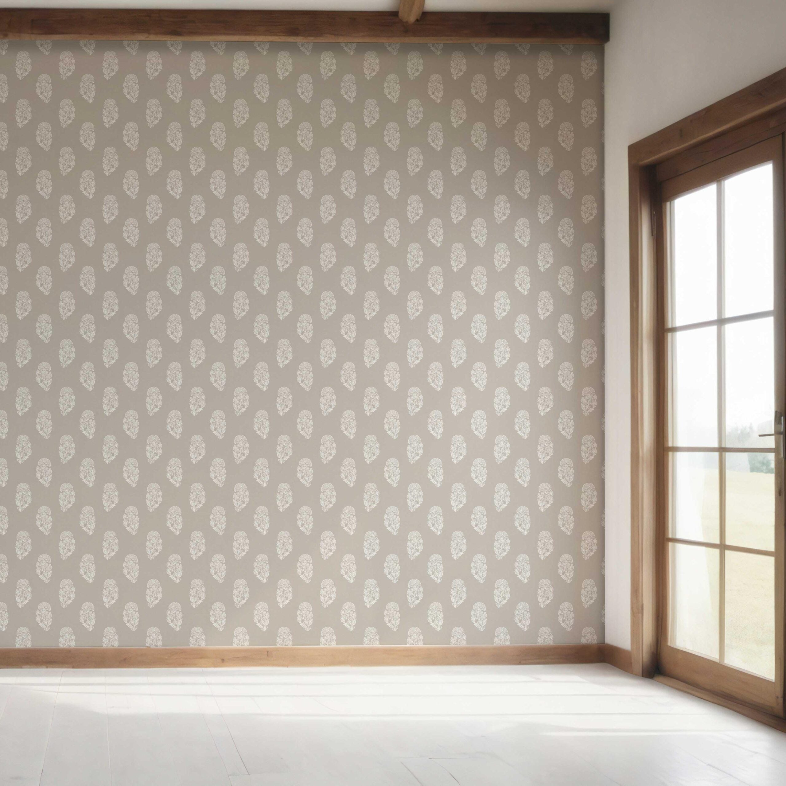 Neutral Botanical/ Floral Block Print Bedroom Wallpaper Sample (Gray/ White)