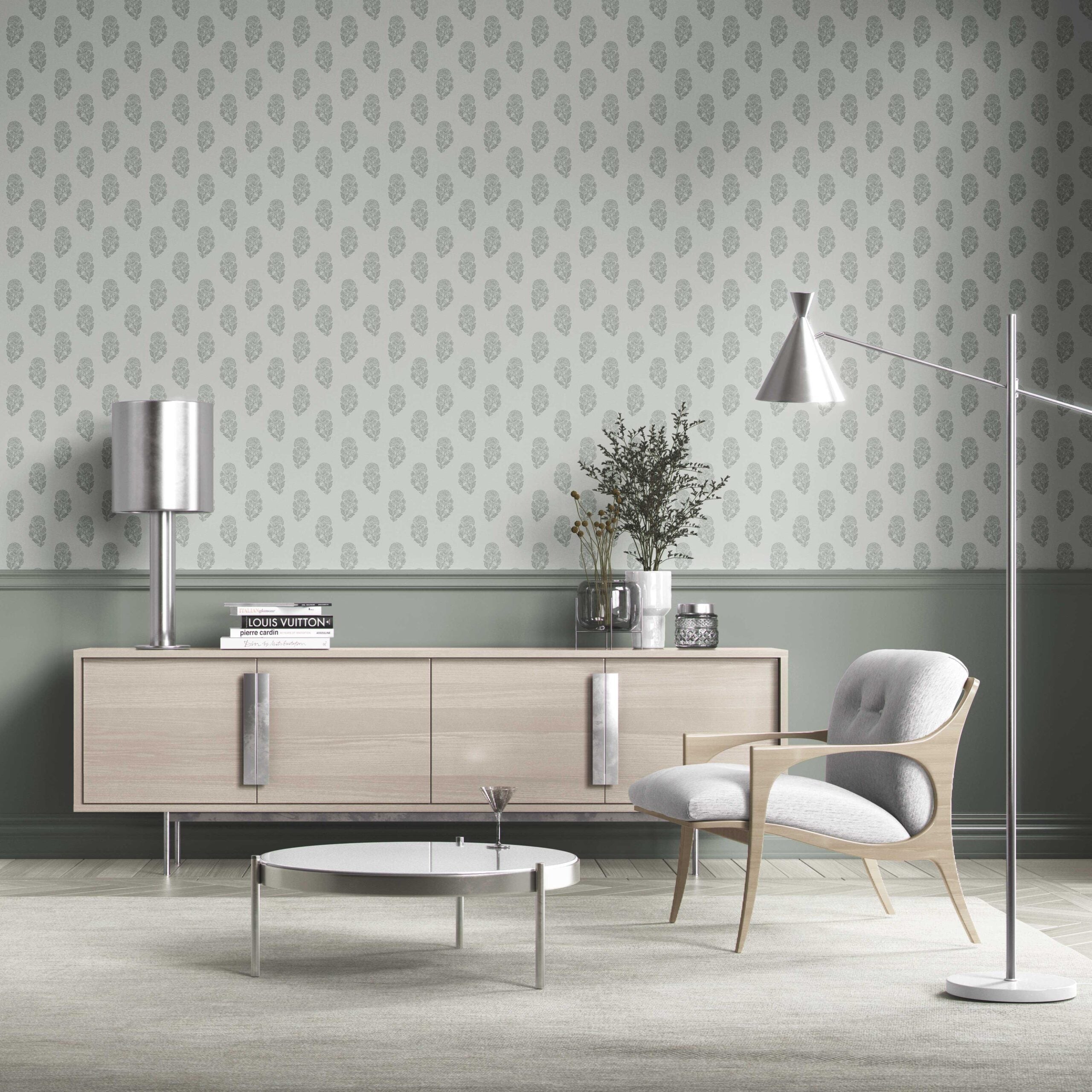 Botanical/ Floral Block Print Kitchen Wallpaper (Sage Gray-Blue)