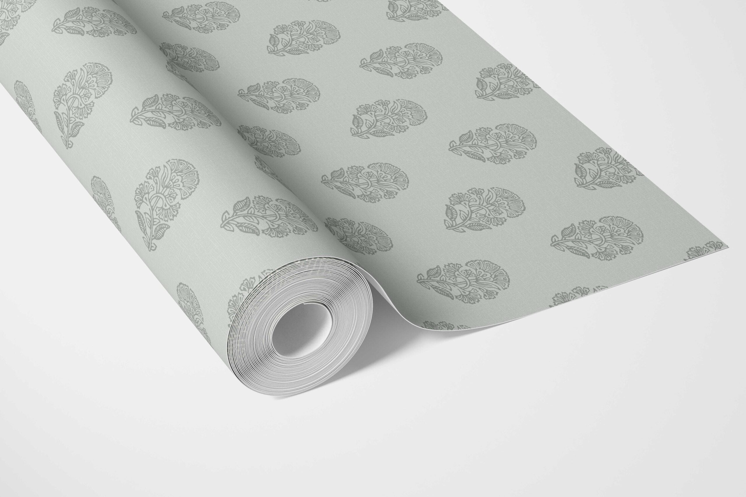 Botanical/ Floral Block Print Bathroom Wallpaper Sample (Sage Gray-Blue)