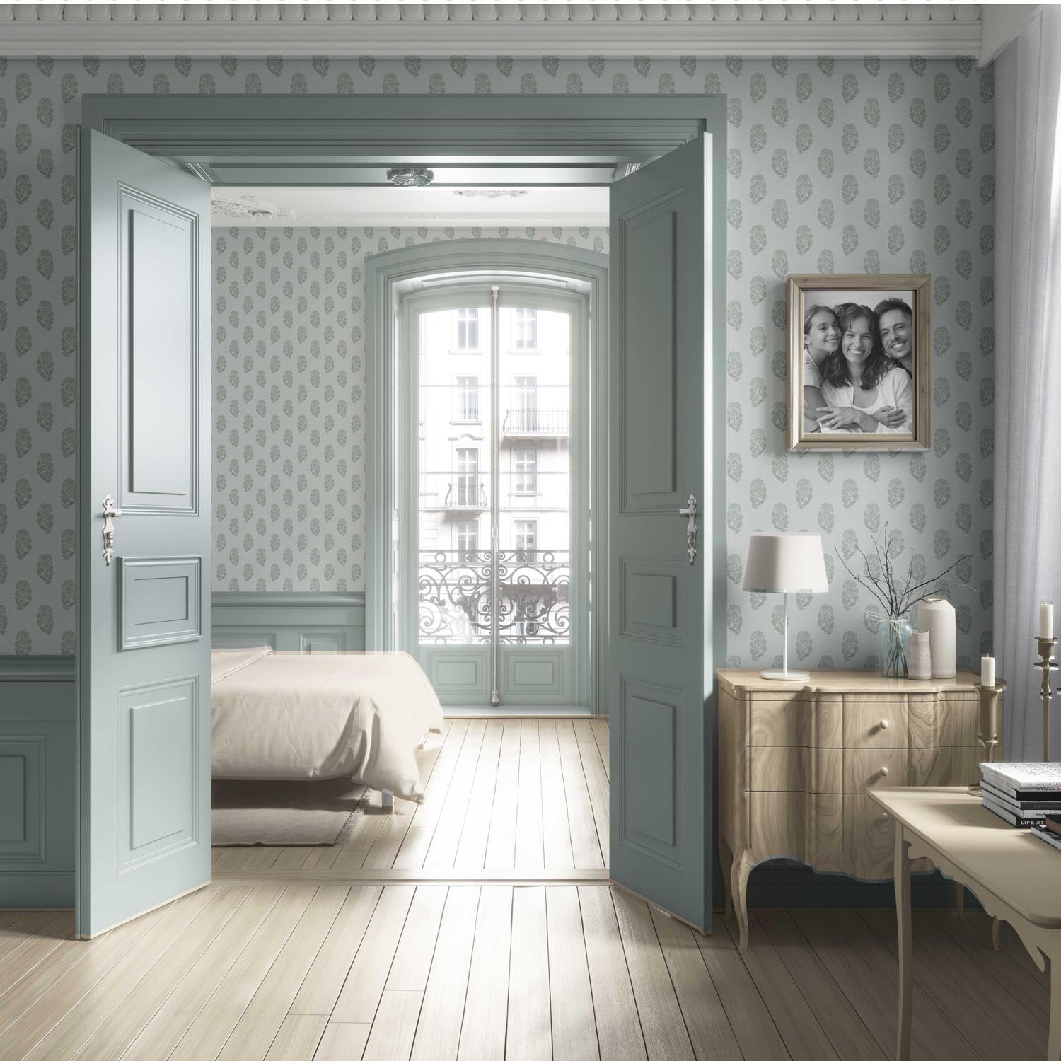 Botanical/ Floral Block Print Living Room Wallpaper Sample (Sage Gray-Blue)