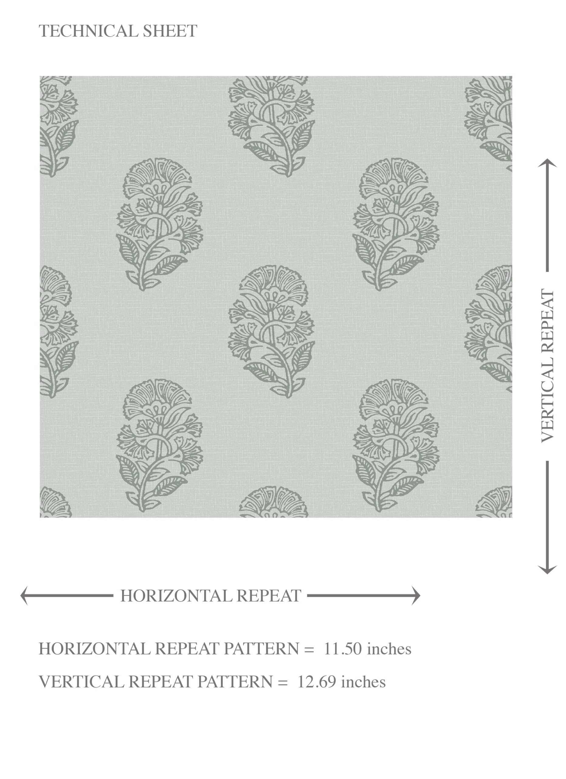 Botanical/ Floral Block Print Kids Room Wallpaper (Sage Gray-Blue)