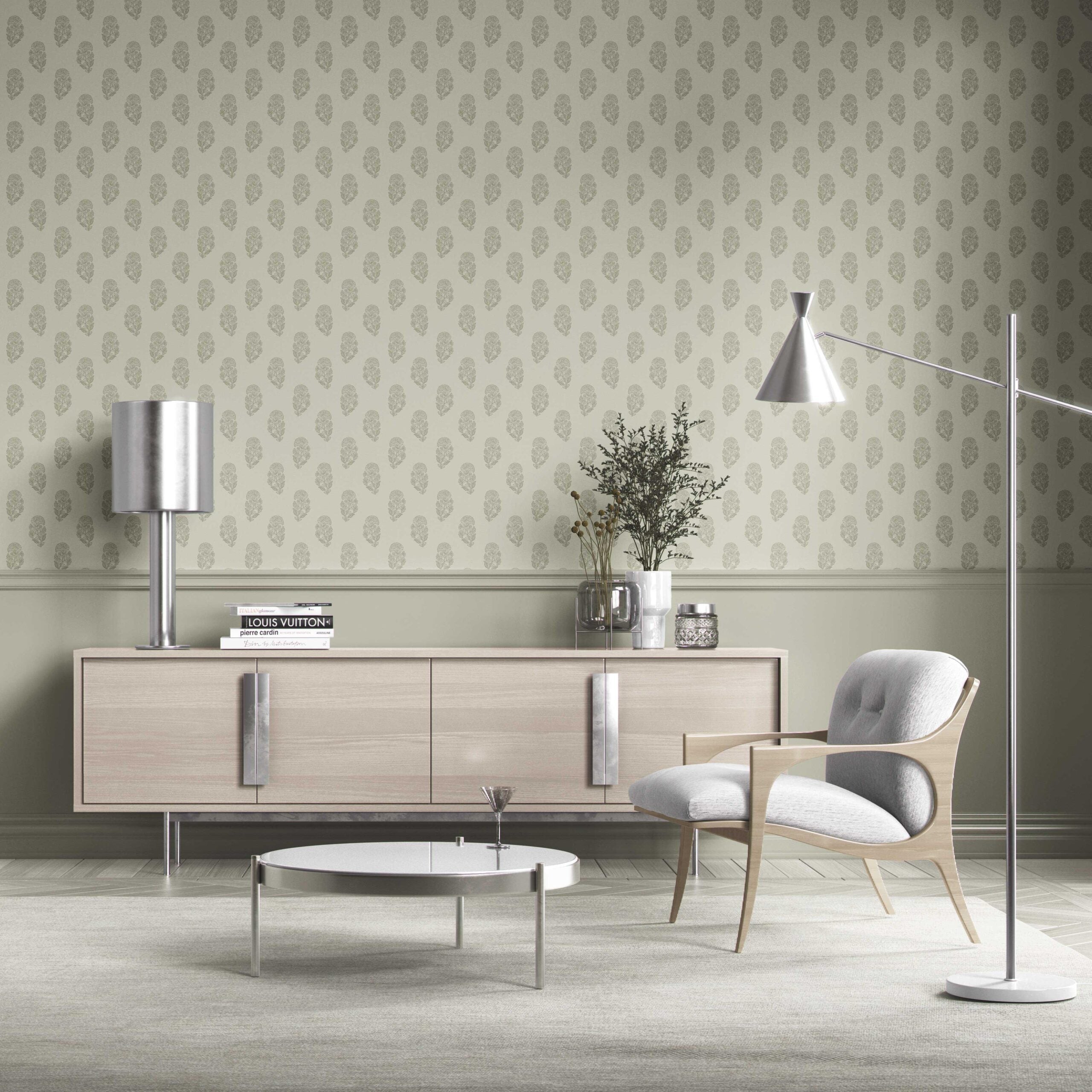Neutral Botanical/ Floral Block Print Kitchen Wallpaper Sample (Olive Gray)