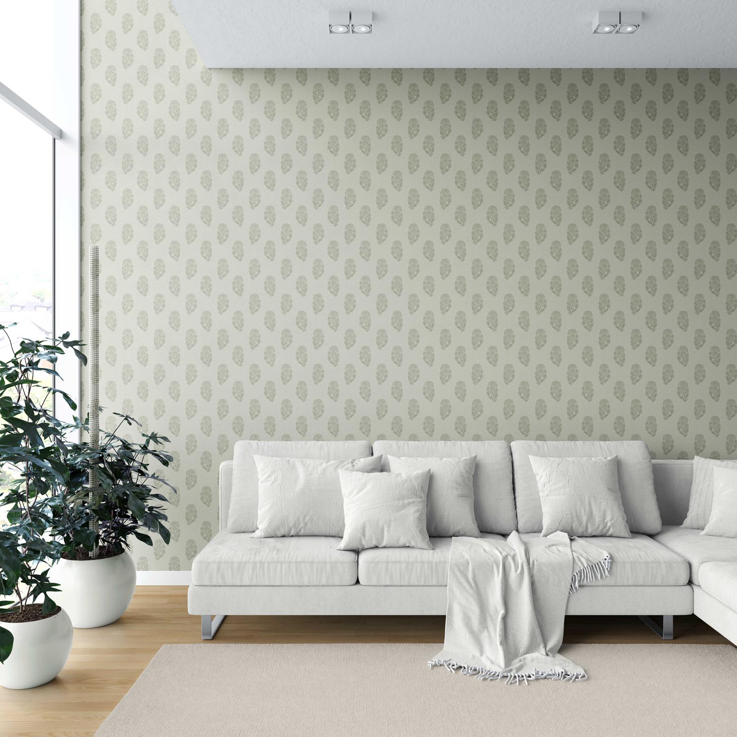 Neutral Botanical/ Floral Block Print Shower Toilet Wallpaper Sample (Olive Gray)