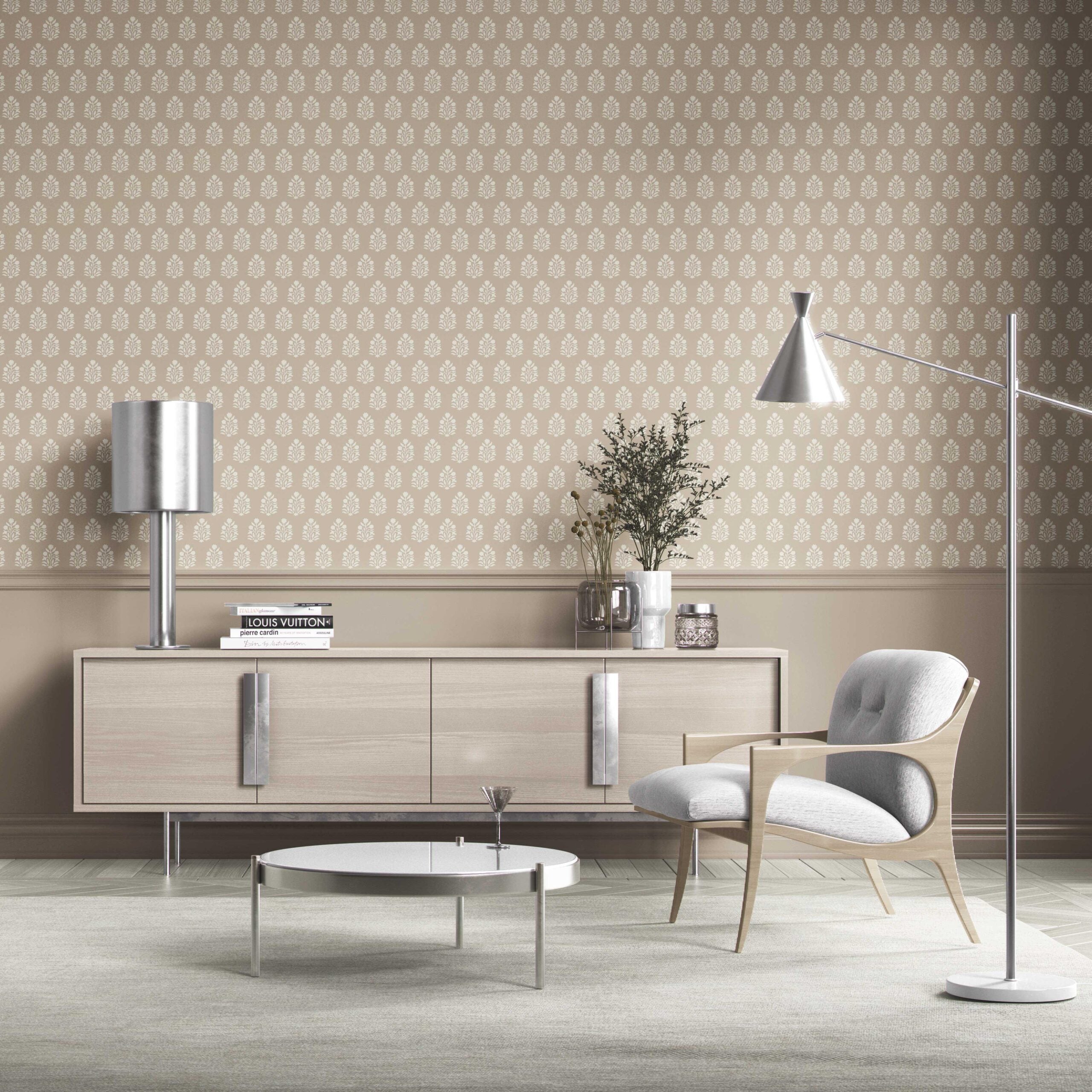 Neutral Botanical/ Floral Block Print Kitchen Wallpaper Sample (Beige/ Taupe/ Tan)