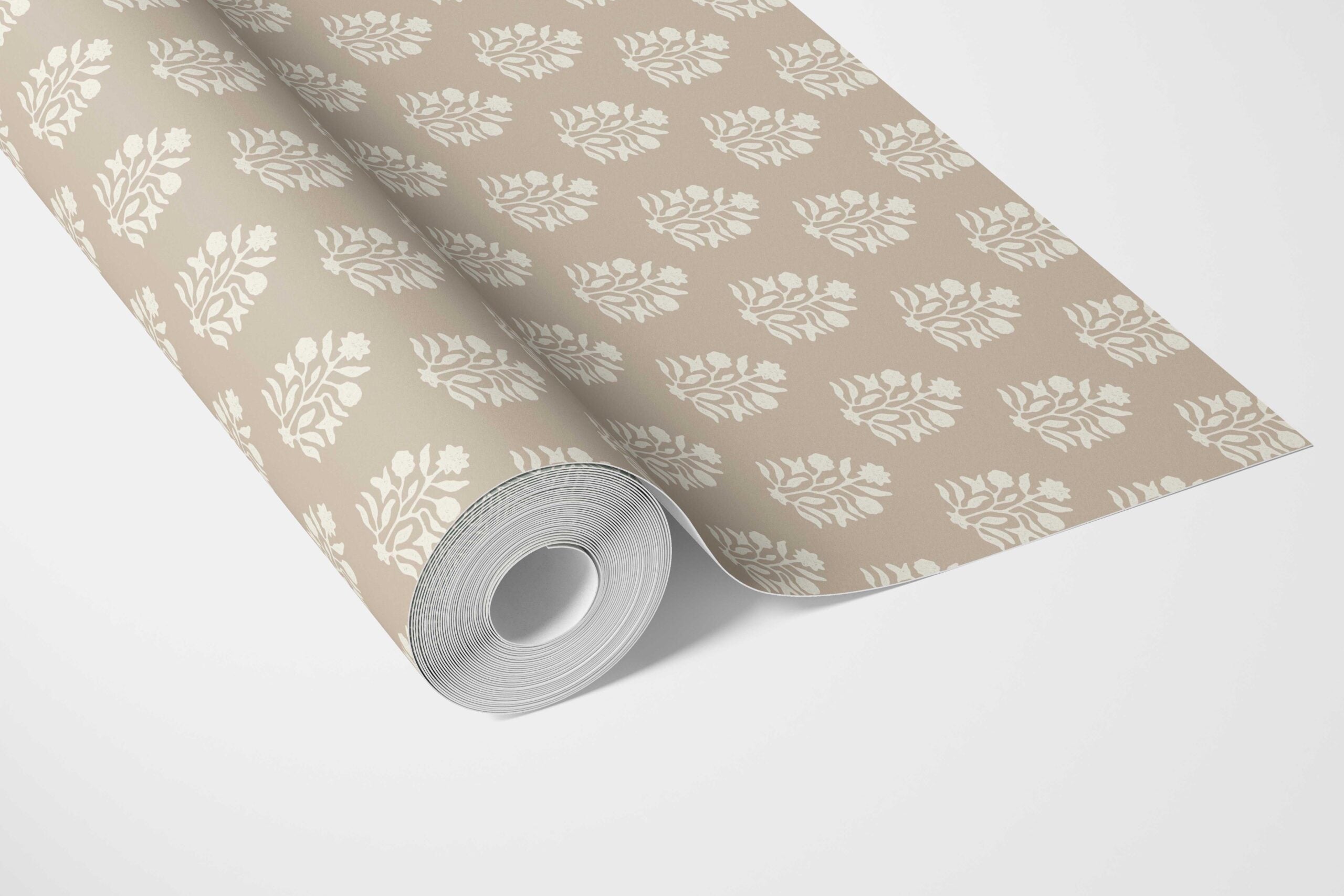 Neutral Botanical/ Floral Block Print Bathroom Wallpaper (Beige/ Taupe/ Tan)