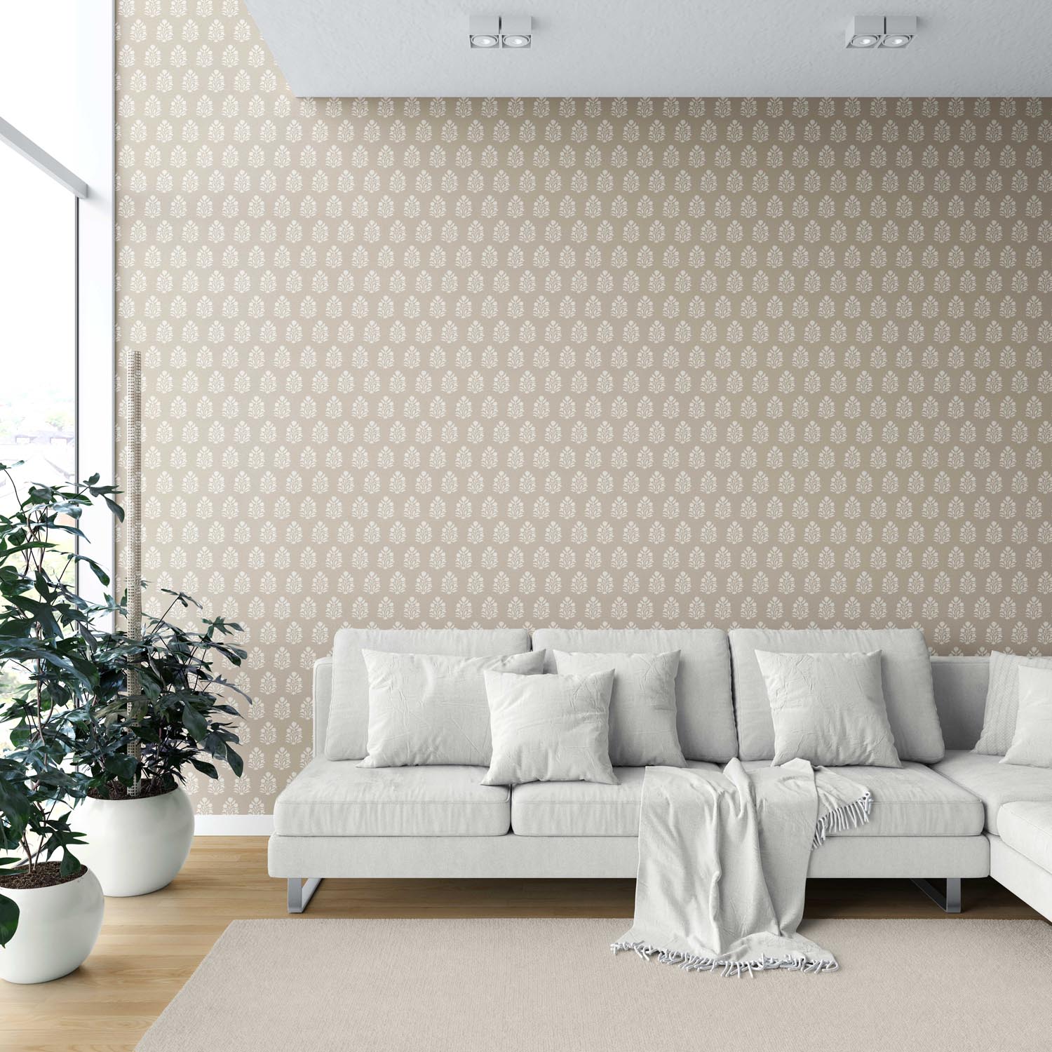 Neutral Botanical/ Floral Block Print Shower Toilet Wallpaper Sample (Beige/ Taupe/ Tan)