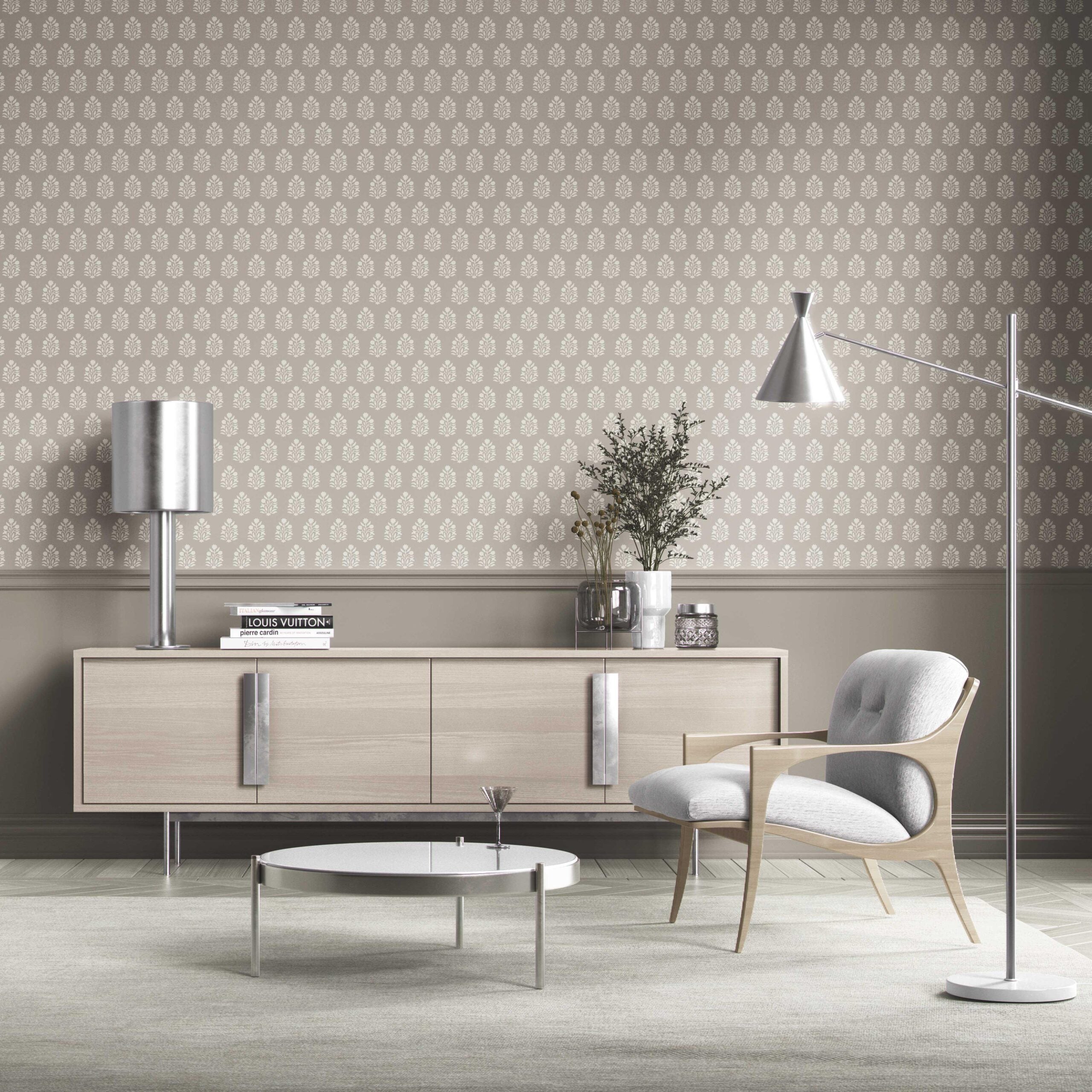 Neutral Botanical/ Floral Block Print Kitchen Wallpaper (Gray/ Greige/ Cream)