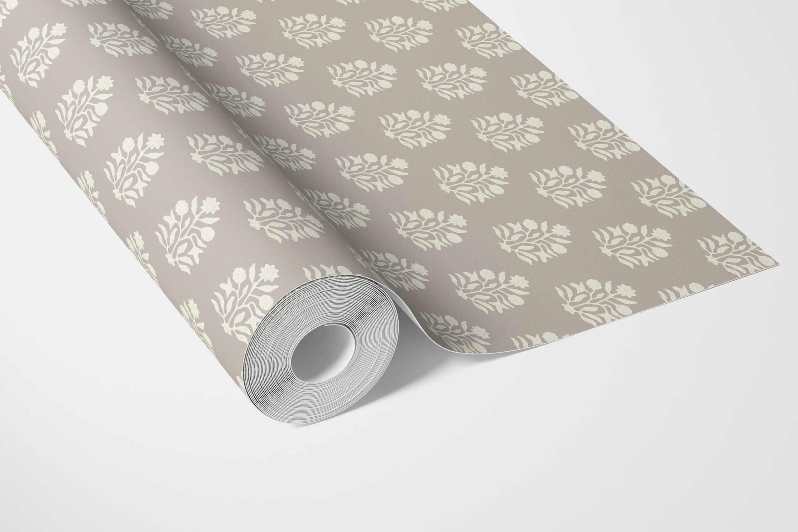 Neutral Botanical/ Floral Block Print Bathroom Wallpaper Sample (Gray/ Greige/ Cream)