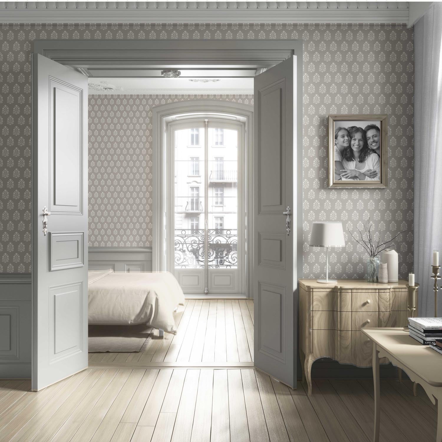 Neutral Botanical/ Floral Block Print Living Room Wallpaper Sample (Gray/ Greige/ Cream)