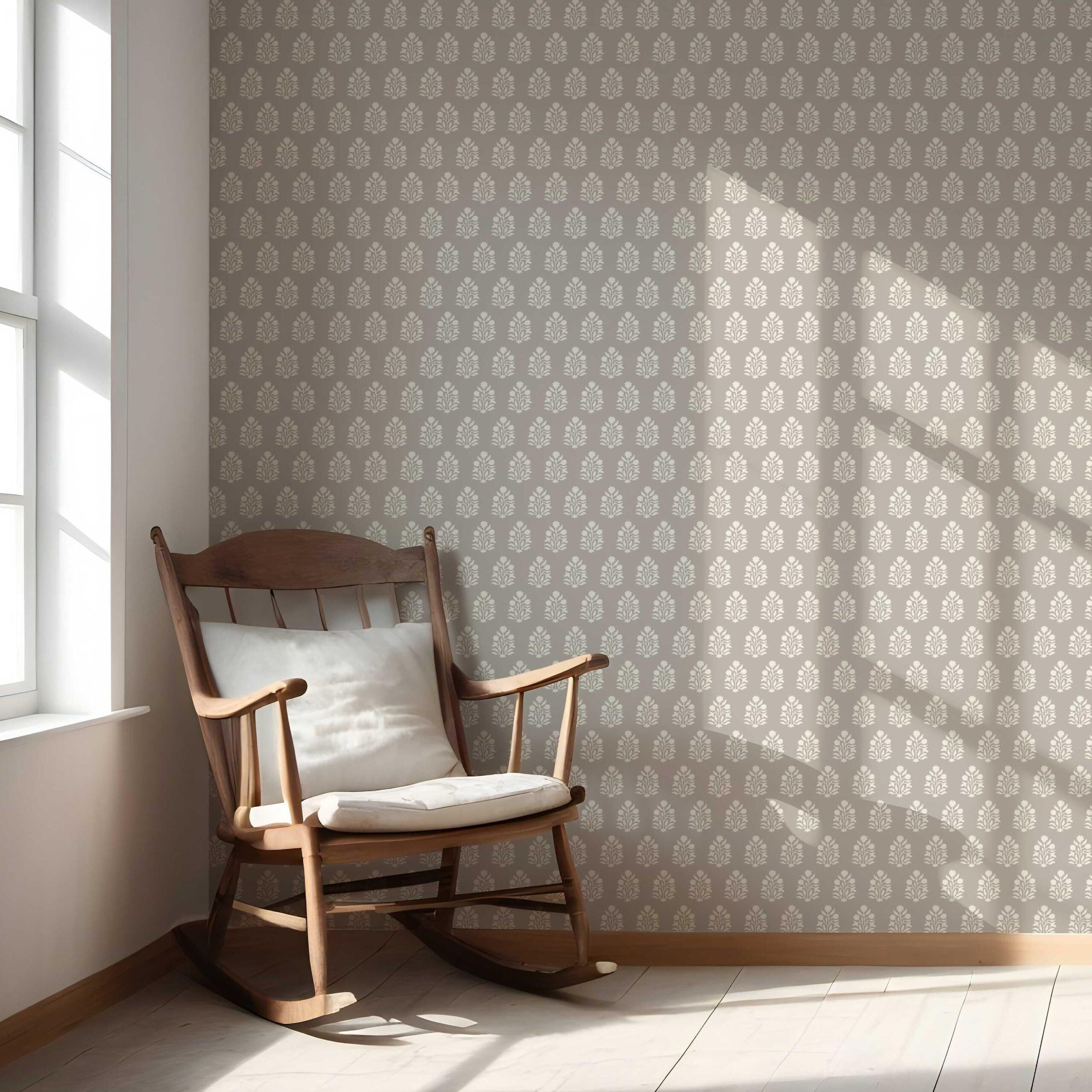 Neutral Botanical/ Floral Block Print Nursery Wallpaper Sample (Gray/ Greige/ Cream)