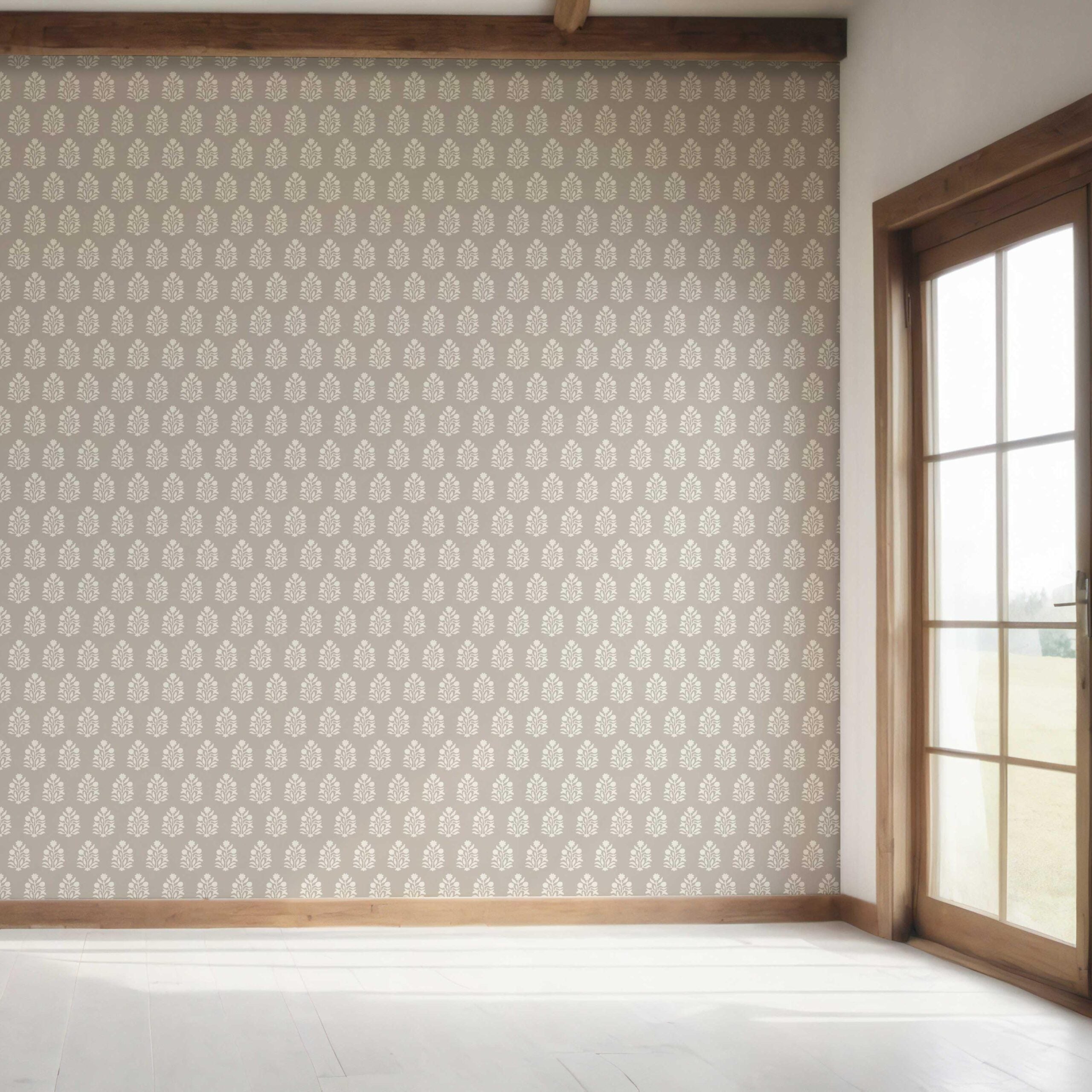 Neutral Botanical/ Floral Block Print Bedroom Wallpaper Sample (Gray/ Greige/ Cream)