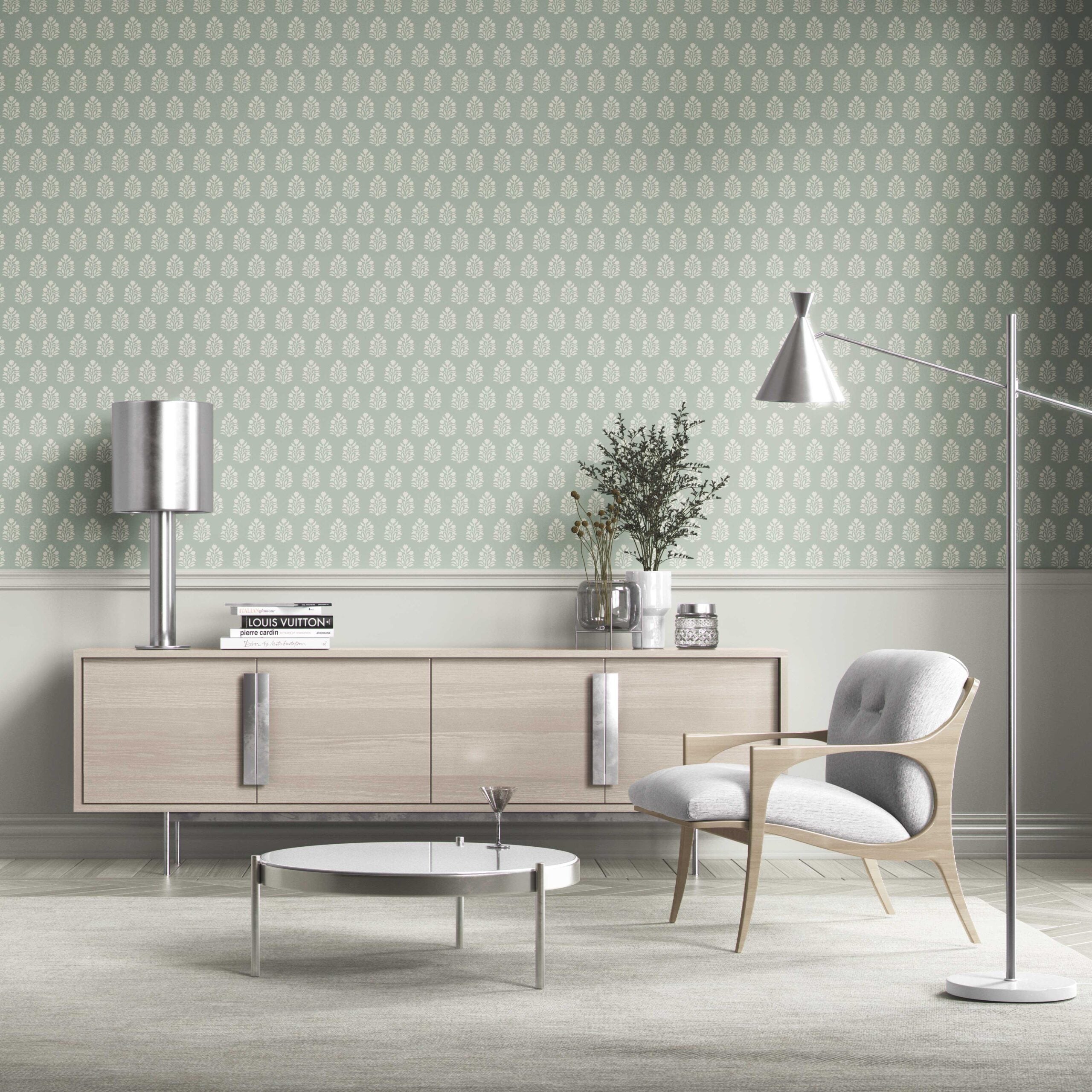 Vintage-Inspired Botanical Floral Block Print Kitchen Wallpaper (Duck Egg Blue/ Cream)