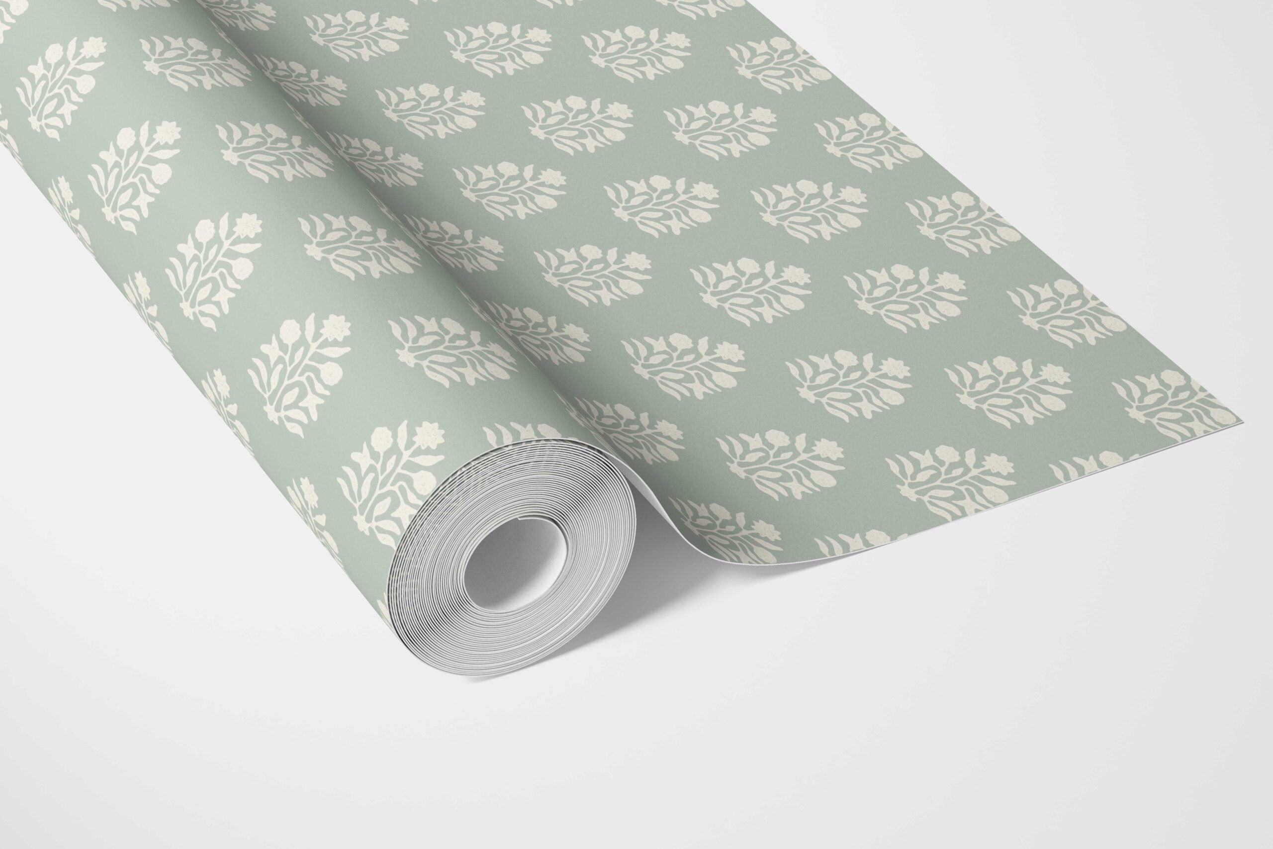 Vintage-Inspired Botanical Floral Block Print Bathroom Wallpaper (Duck Egg Blue/ Cream)