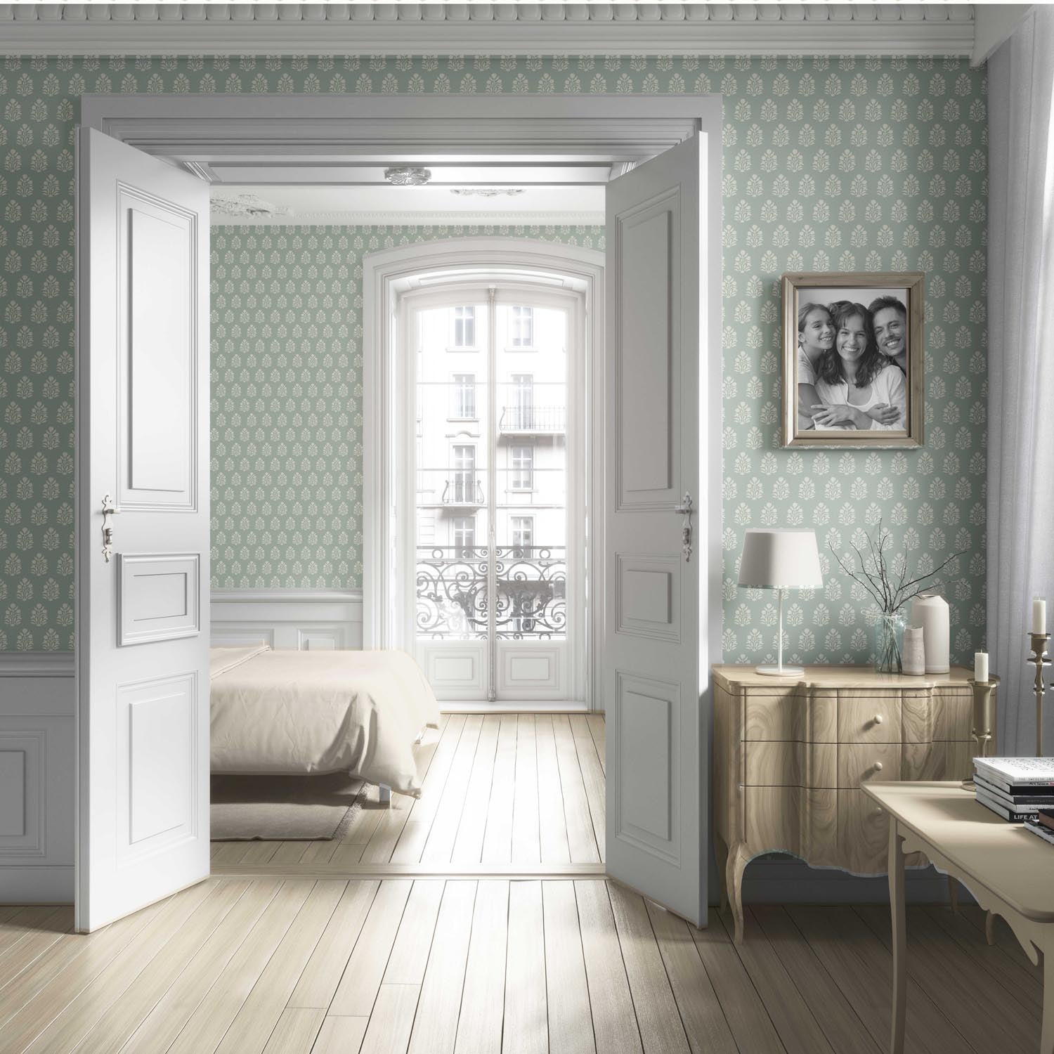 Vintage-Inspired Botanical Floral Block Print Living Room Wallpaper Sample (Duck Egg Blue/ Cream)