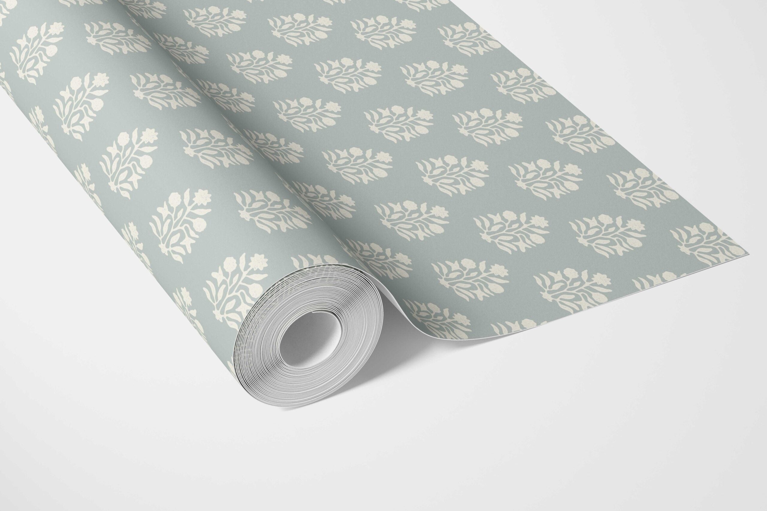 Vintage-Inspired Botanical Floral Block Print Bathroom Wallpaper (Blue/ Cream)