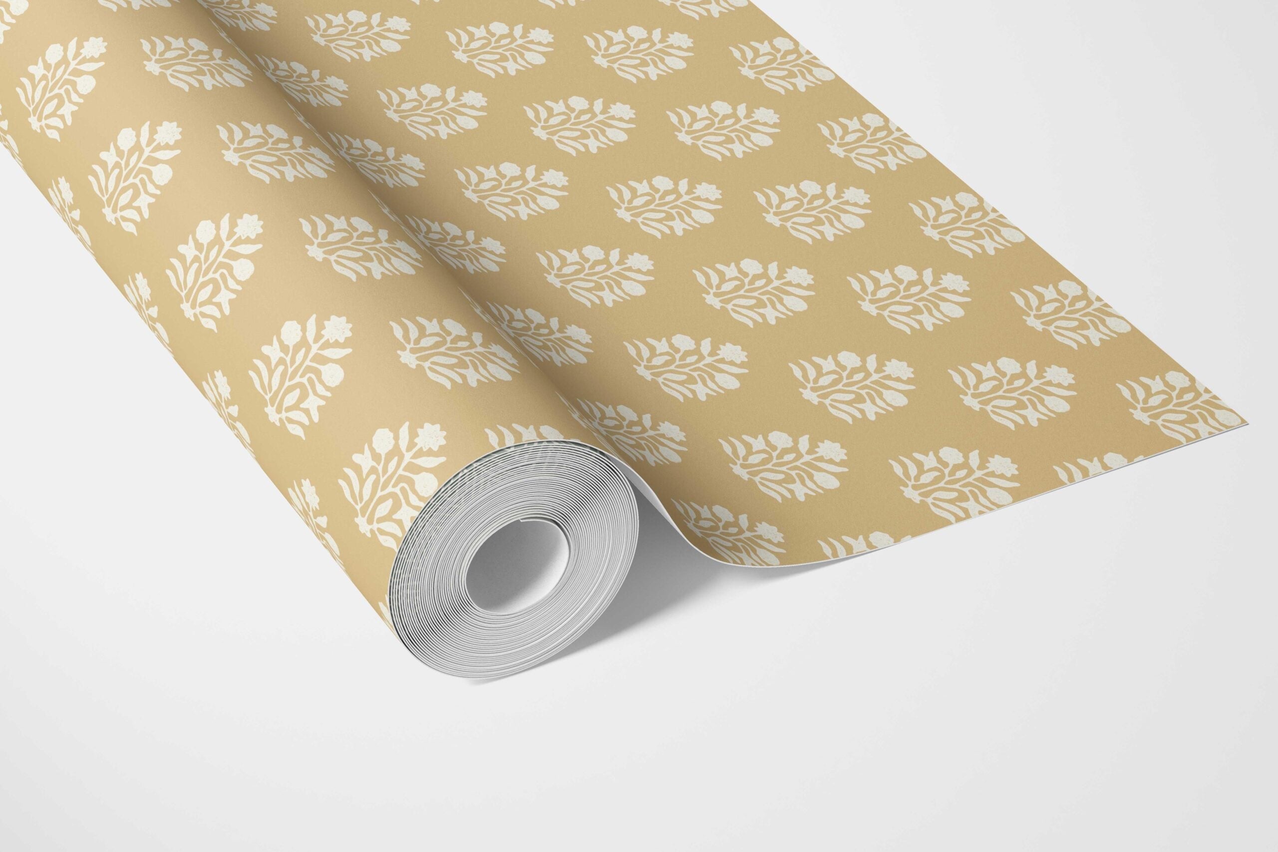 Vintage-Inspired Botanical Floral Block Print Bathroom Wallpaper Sample (Yellow/ Cream)