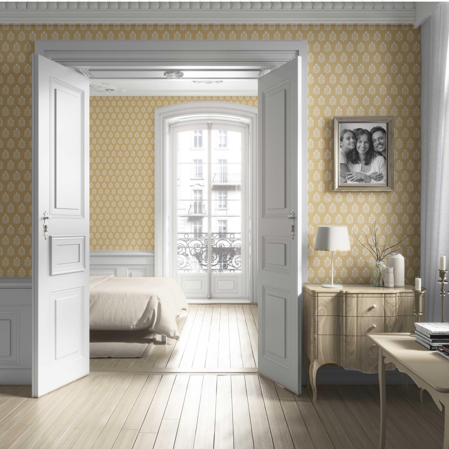 Vintage-Inspired Botanical Floral Block Print Living Room Wallpaper Sample (Yellow/ Cream)