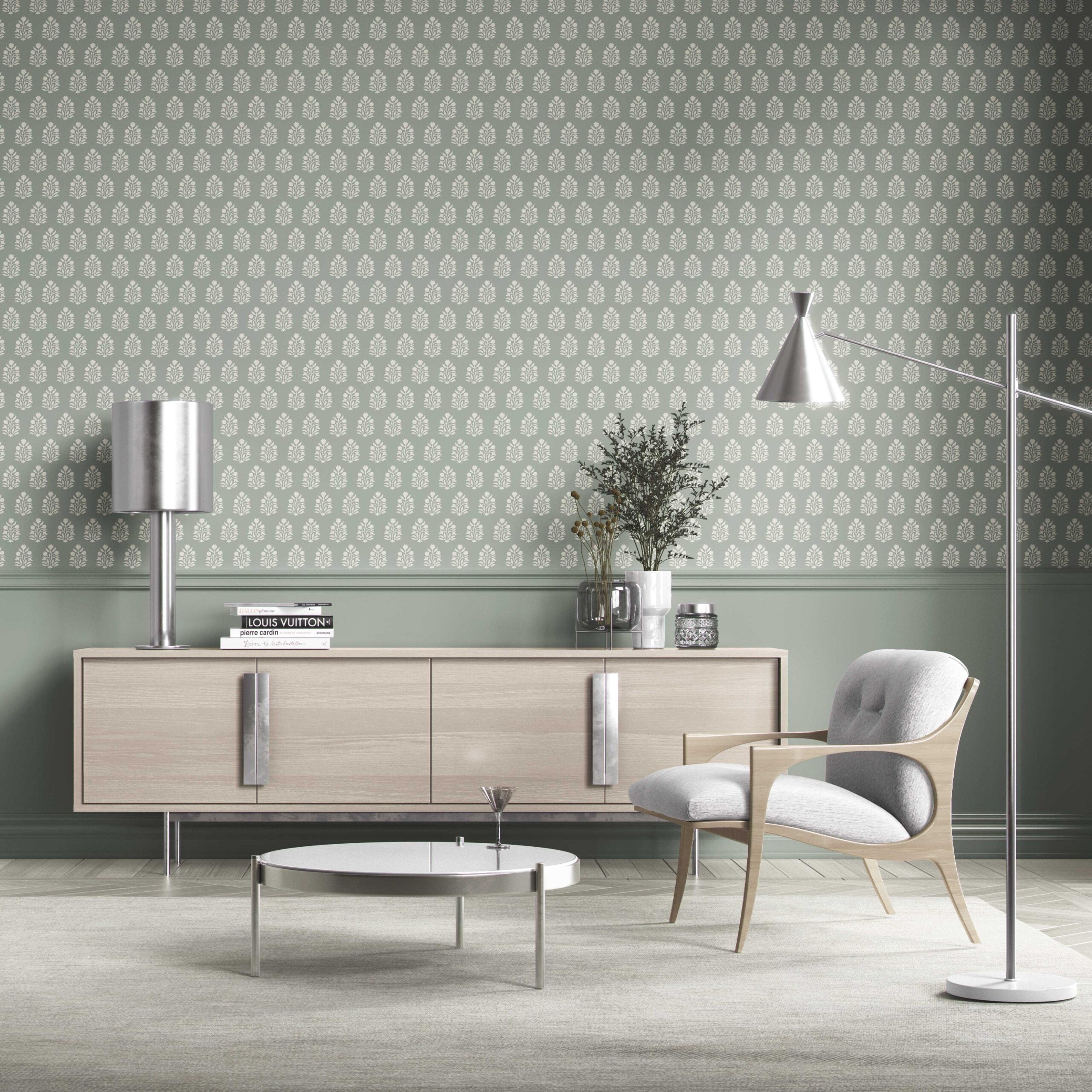 Vintage-Inspired Botanical Floral Block Print Kitchen Wallpaper (Green-Gray/ Cream)