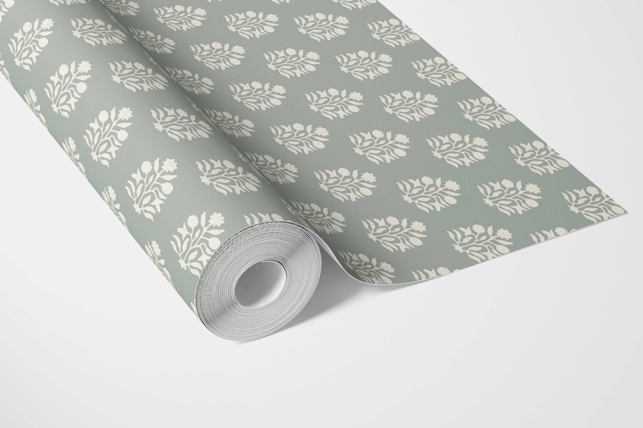 Vintage-Inspired Botanical Floral Block Print Bathroom Wallpaper (Green-Gray/ Cream)