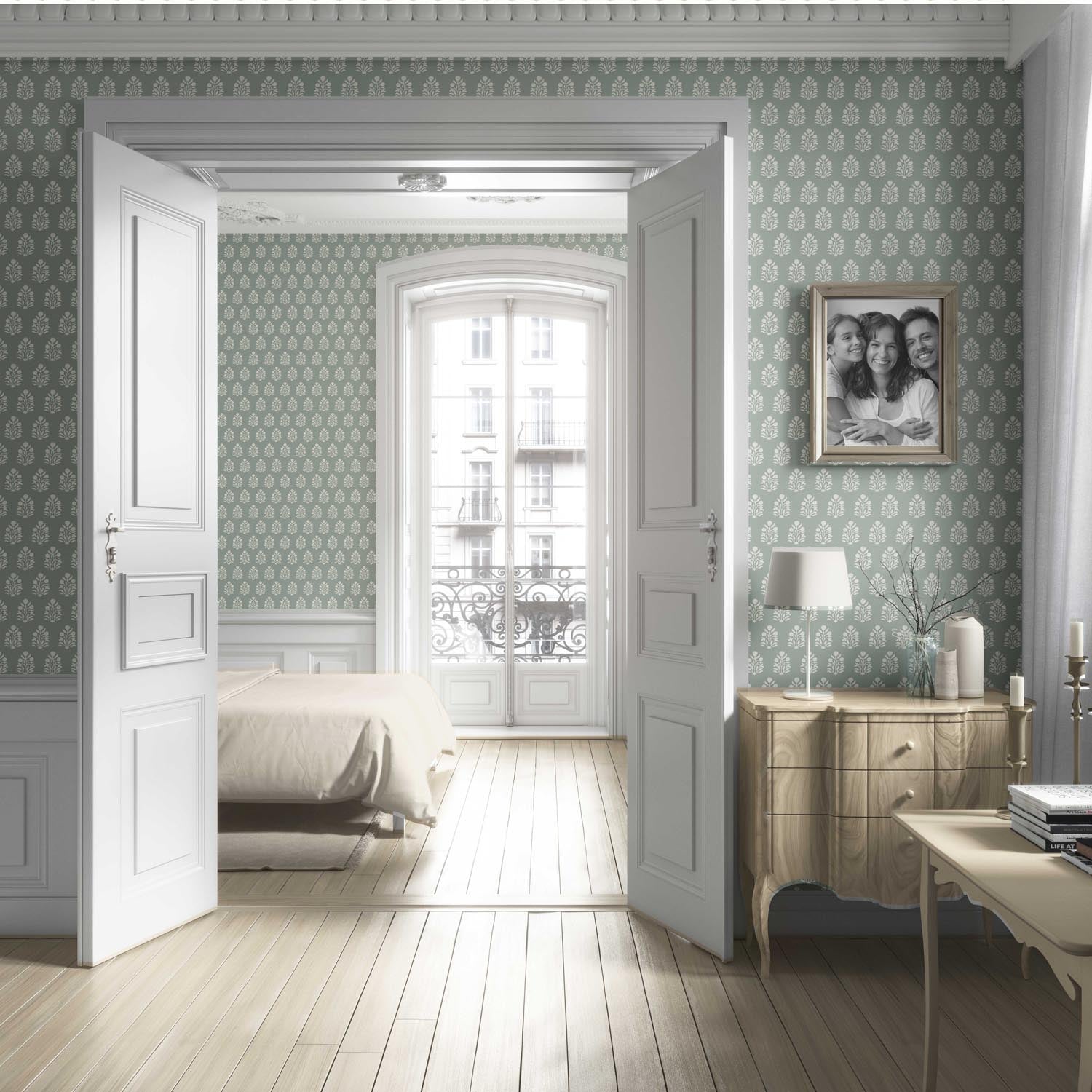 Vintage-Inspired Botanical Floral Block Print Living Room Wallpaper (Green-Gray/ Cream)