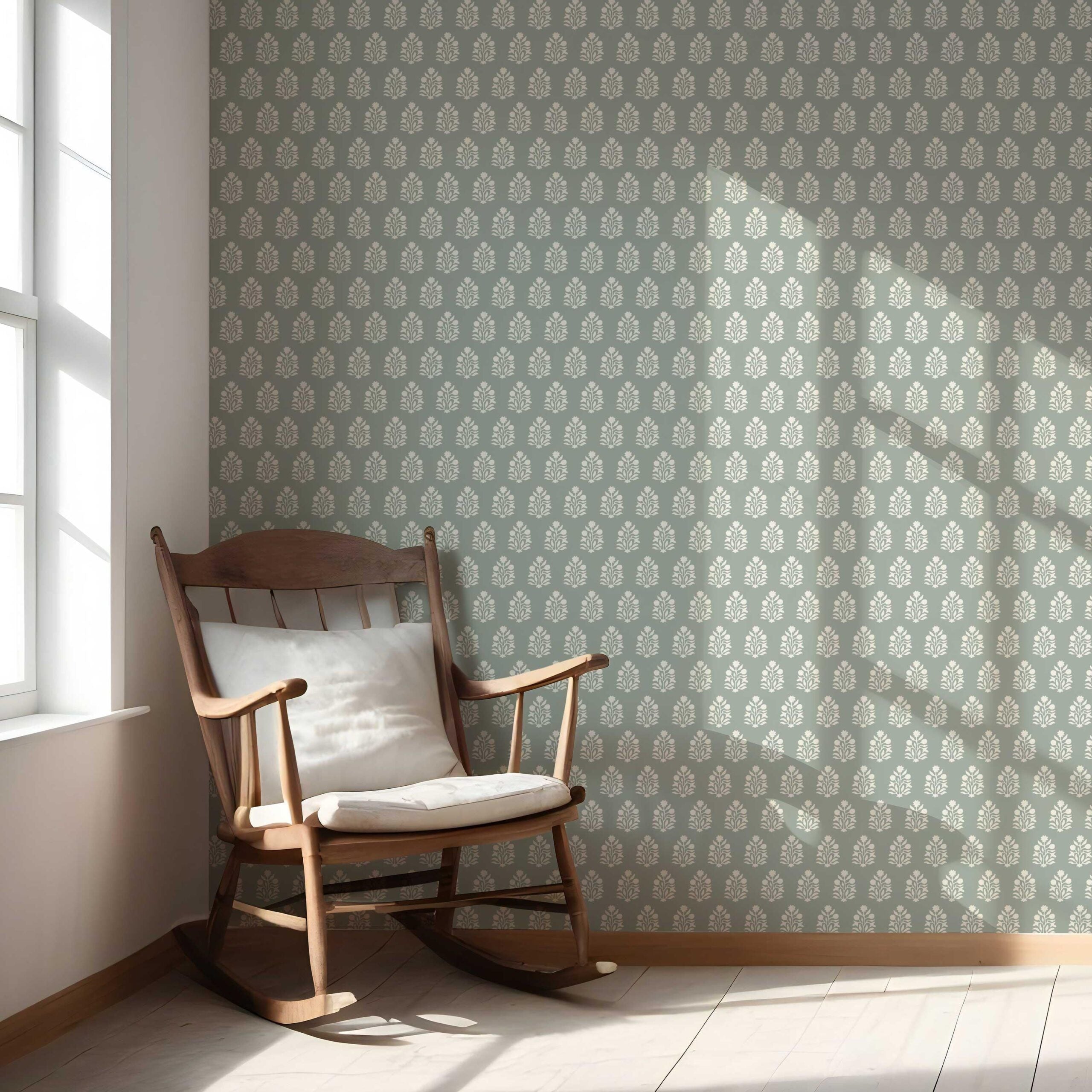 Vintage-Inspired Botanical Floral Block Print Nursery Wallpaper (Green-Gray/ Cream)