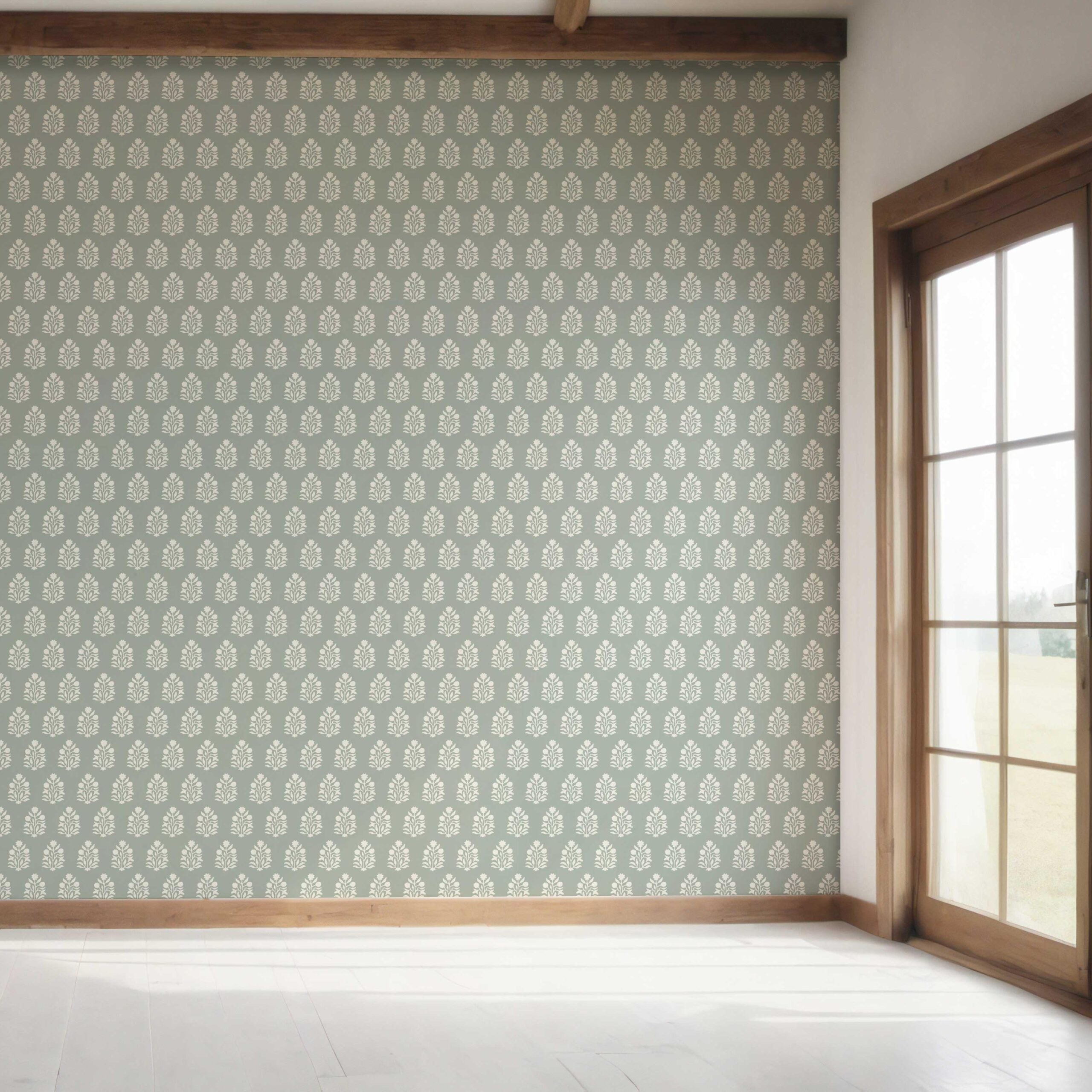 Vintage-Inspired Botanical Floral Block Print Bedroom Wallpaper Sample (Green-Gray/ Cream)