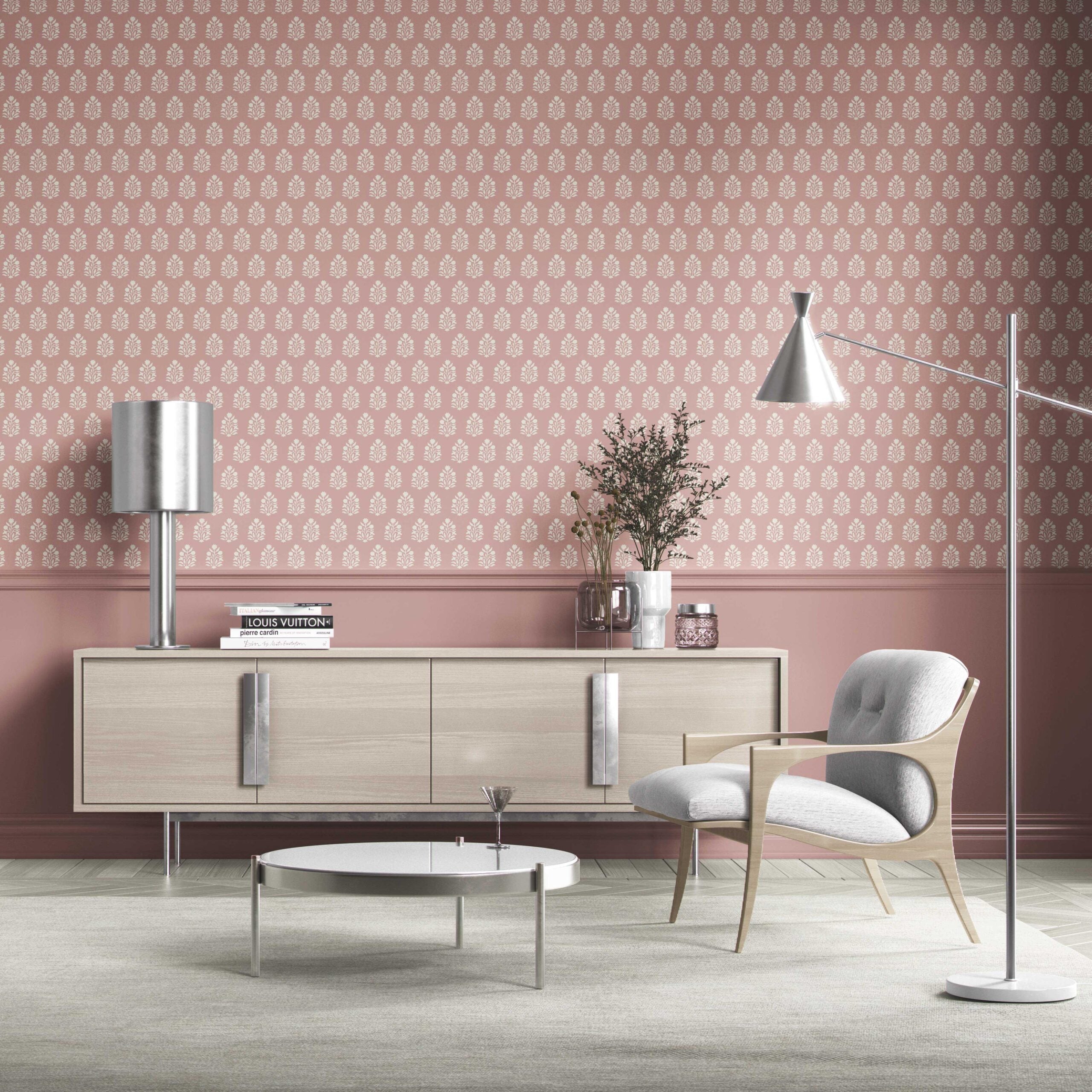 Vintage-Inspired Botanical Floral Block Print Kitchen Wallpaper (Pink/ Cream)