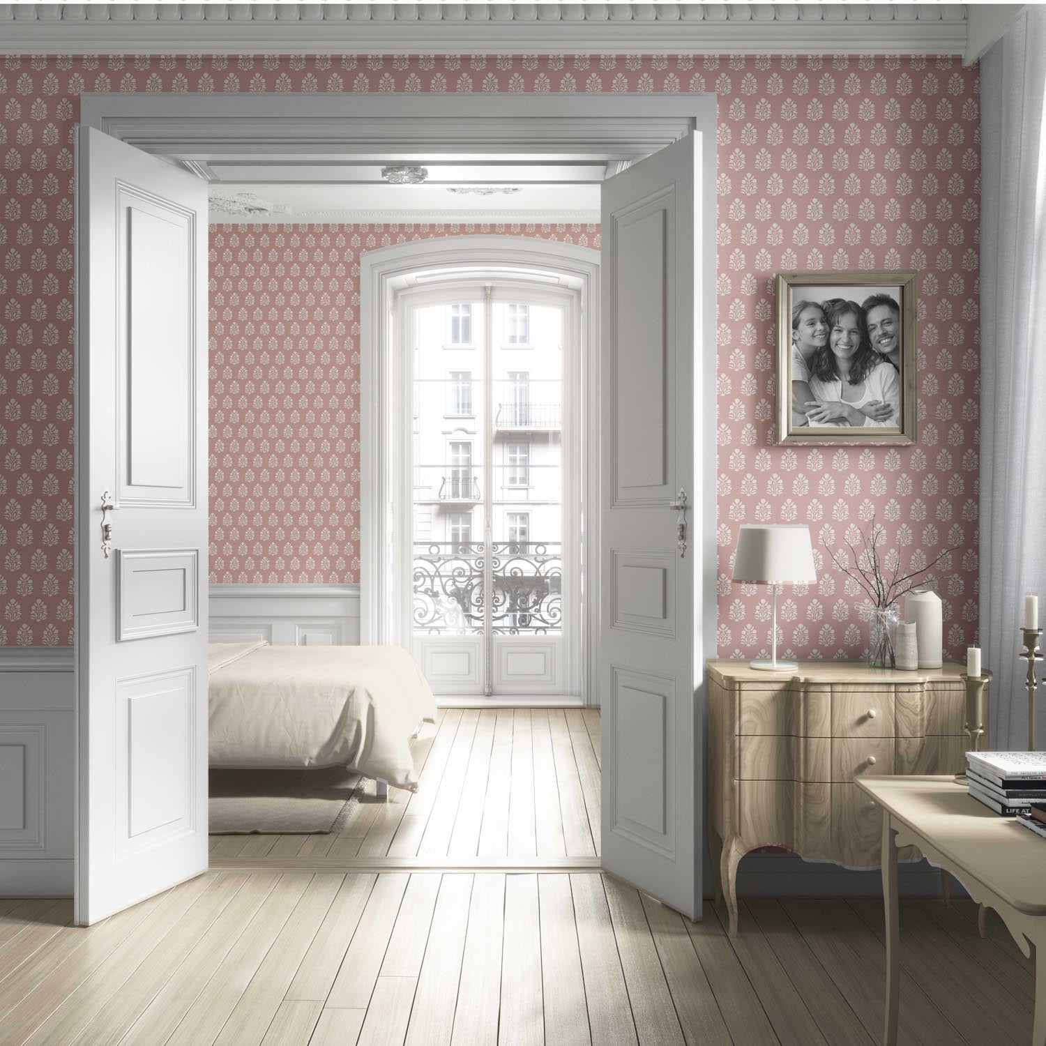 Vintage-Inspired Botanical Floral Block Print Living Room Wallpaper (Pink/ Cream)