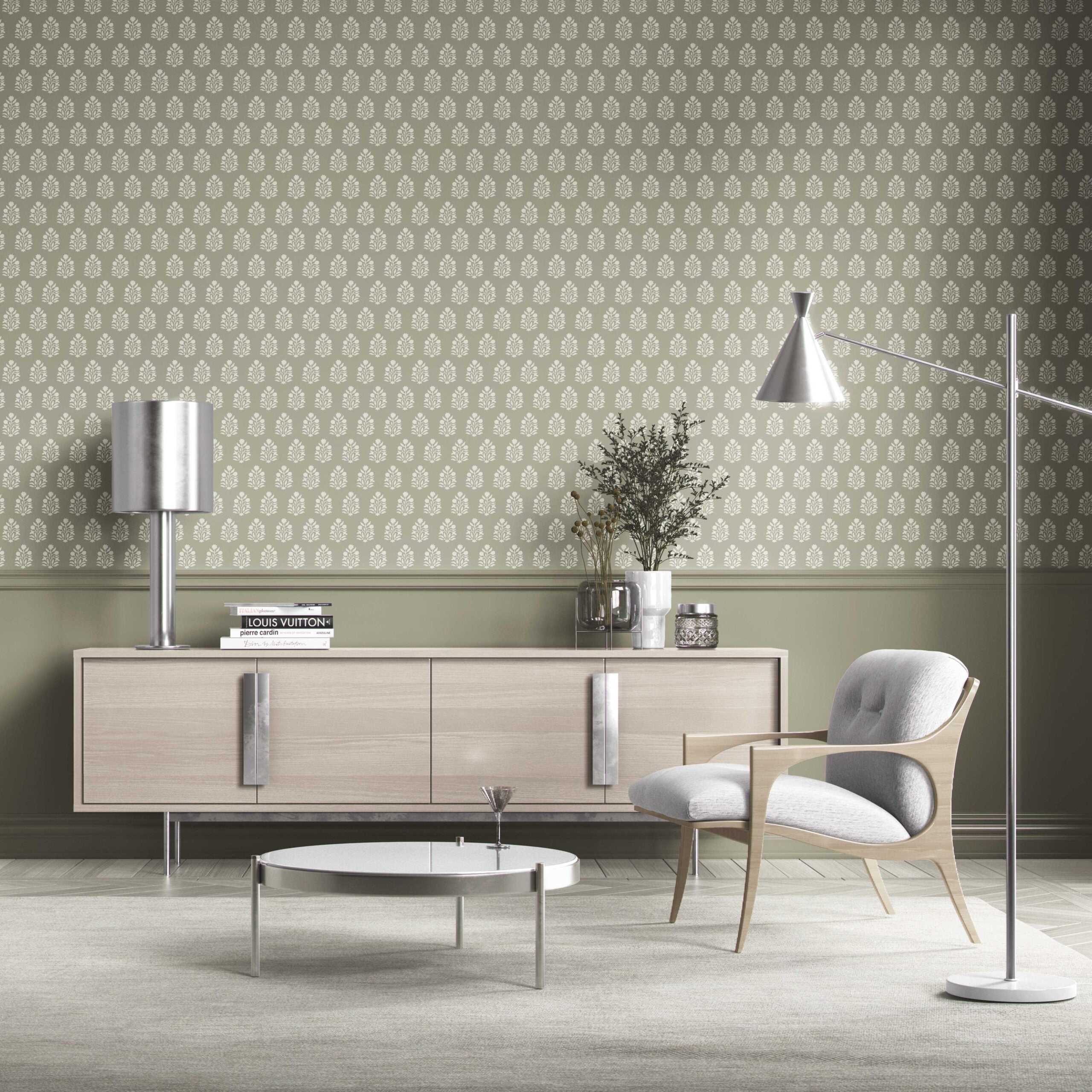 Vintage-Inspired Botanical Floral Block Print Kitchen Wallpaper Sample (Khaki Green/ Cream)