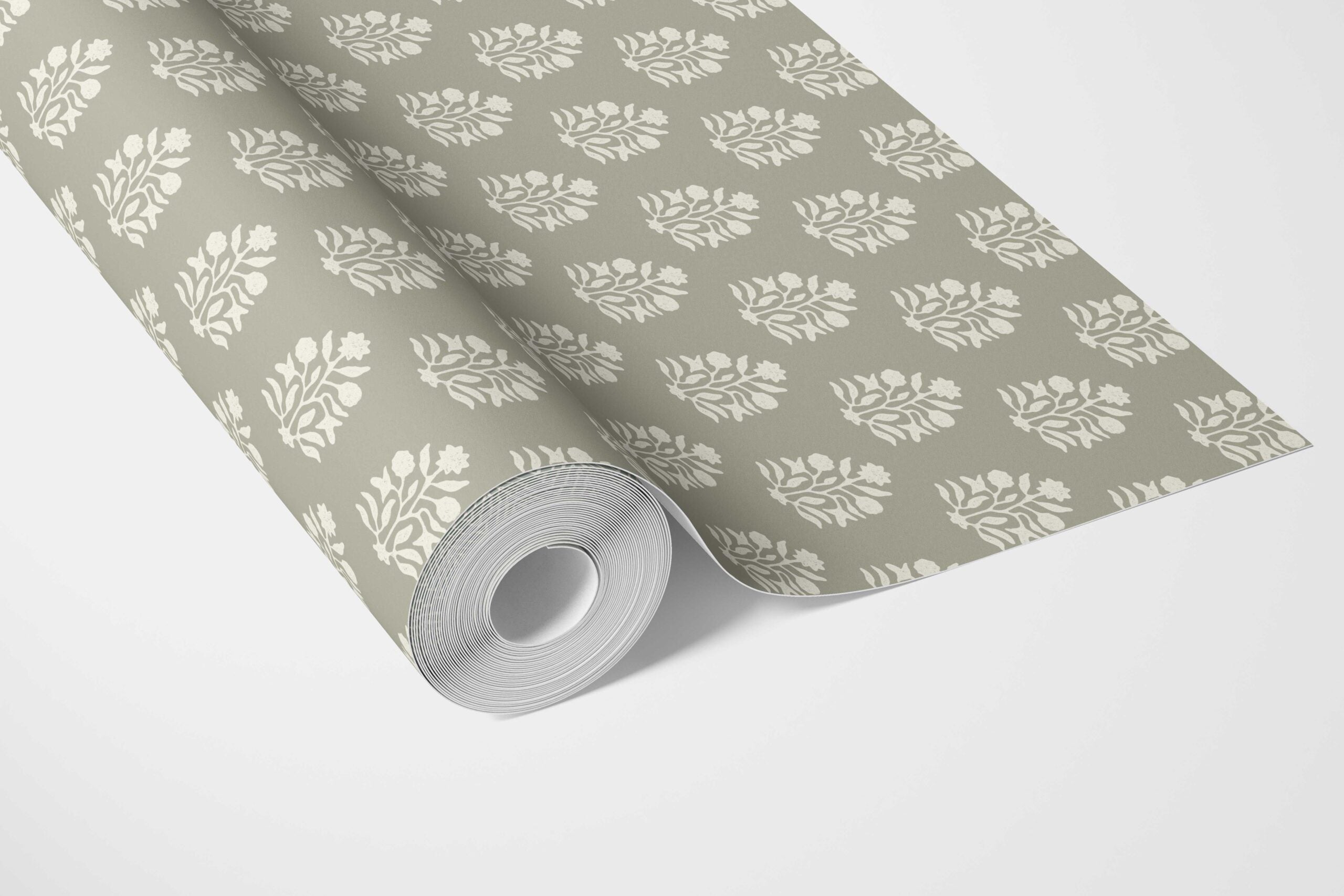 Vintage-Inspired Botanical Floral Block Print Bathroom Wallpaper Sample (Khaki Green/ Cream)