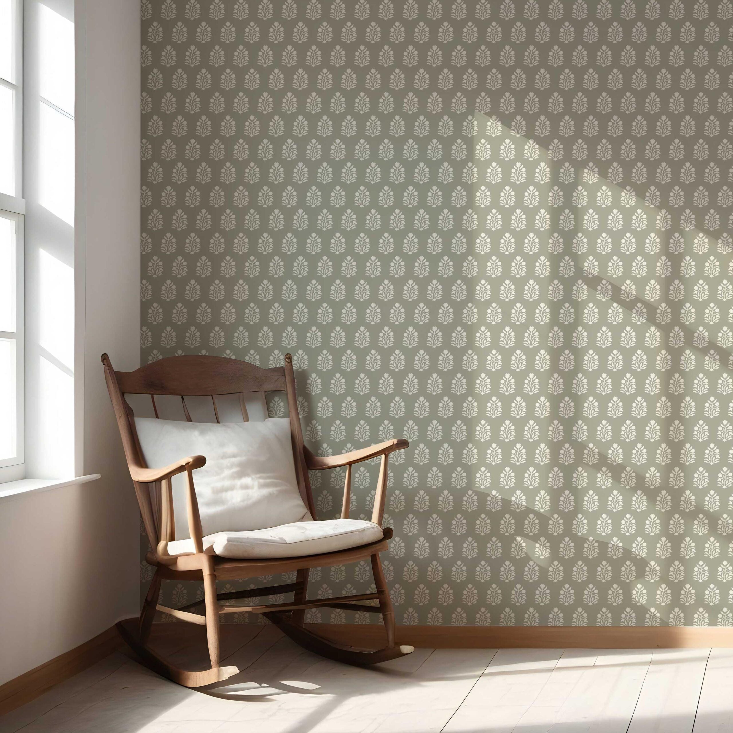 Vintage-Inspired Botanical Floral Block Print Nursery Wallpaper Sample (Khaki Green/ Cream)