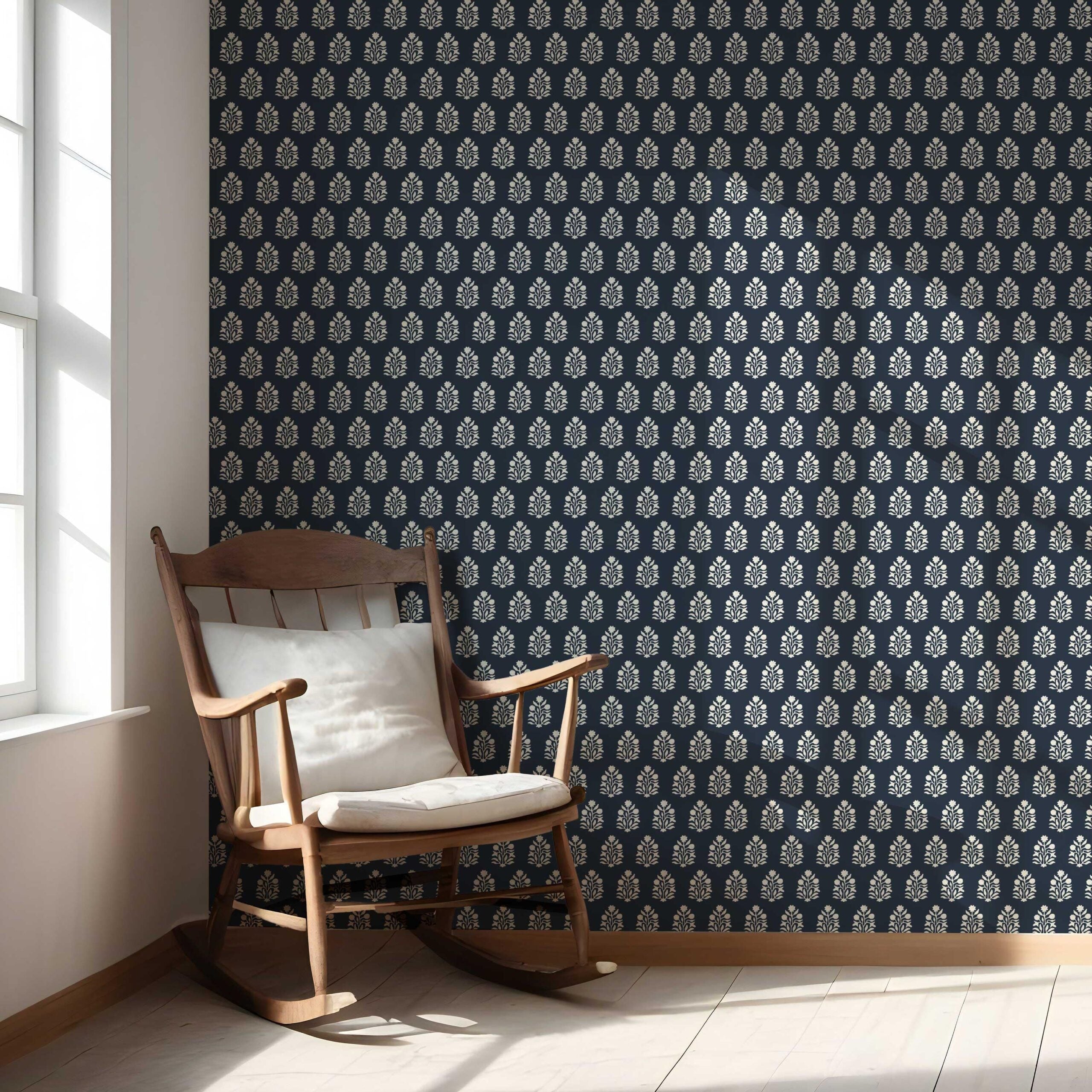 Vintage-Inspired Botanical Floral Block Print Nursery Wallpaper Sample (Navy Blue/ White)