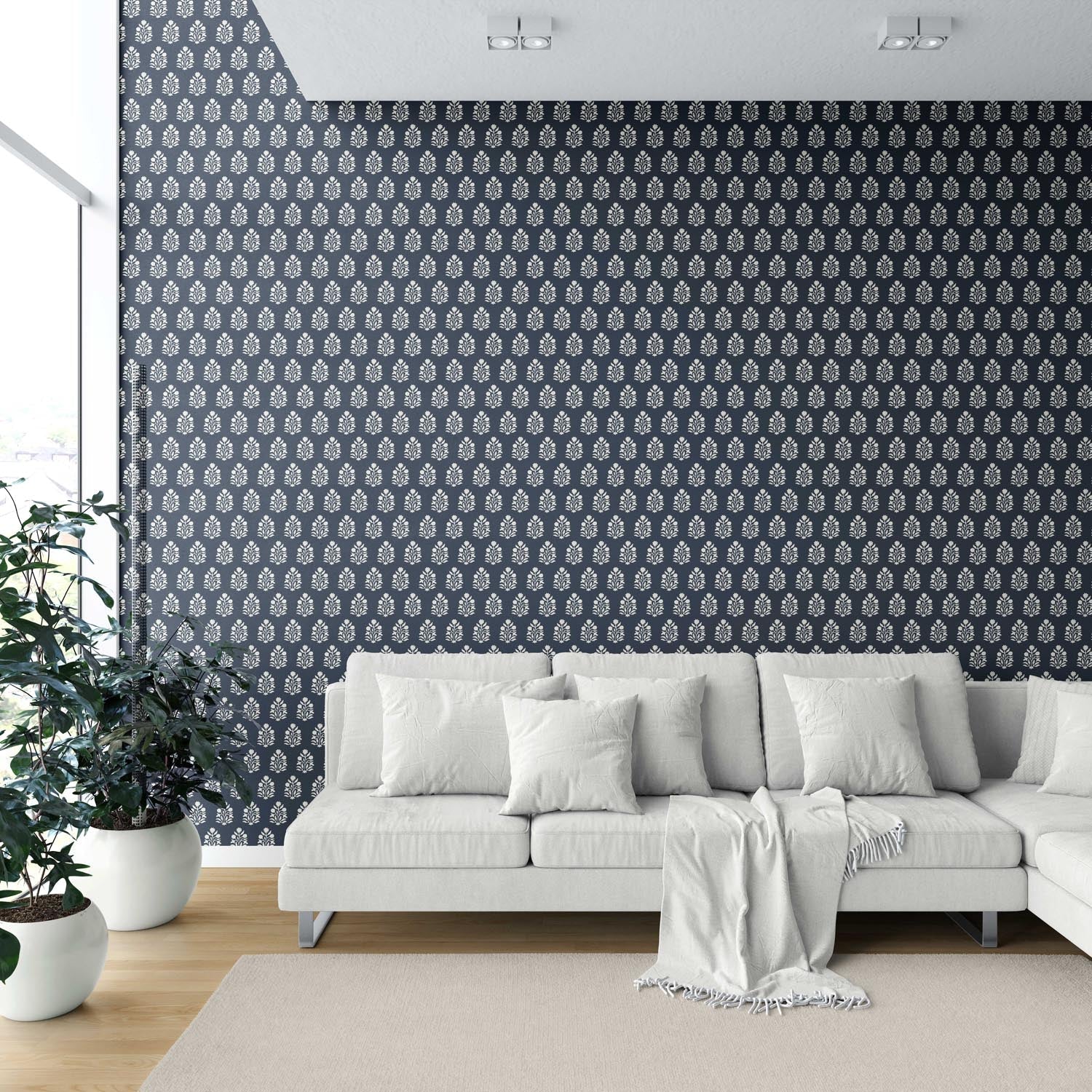 Vintage-Inspired Botanical Floral Block Print Shower Toilet Wallpaper Sample (Navy Blue/ White)