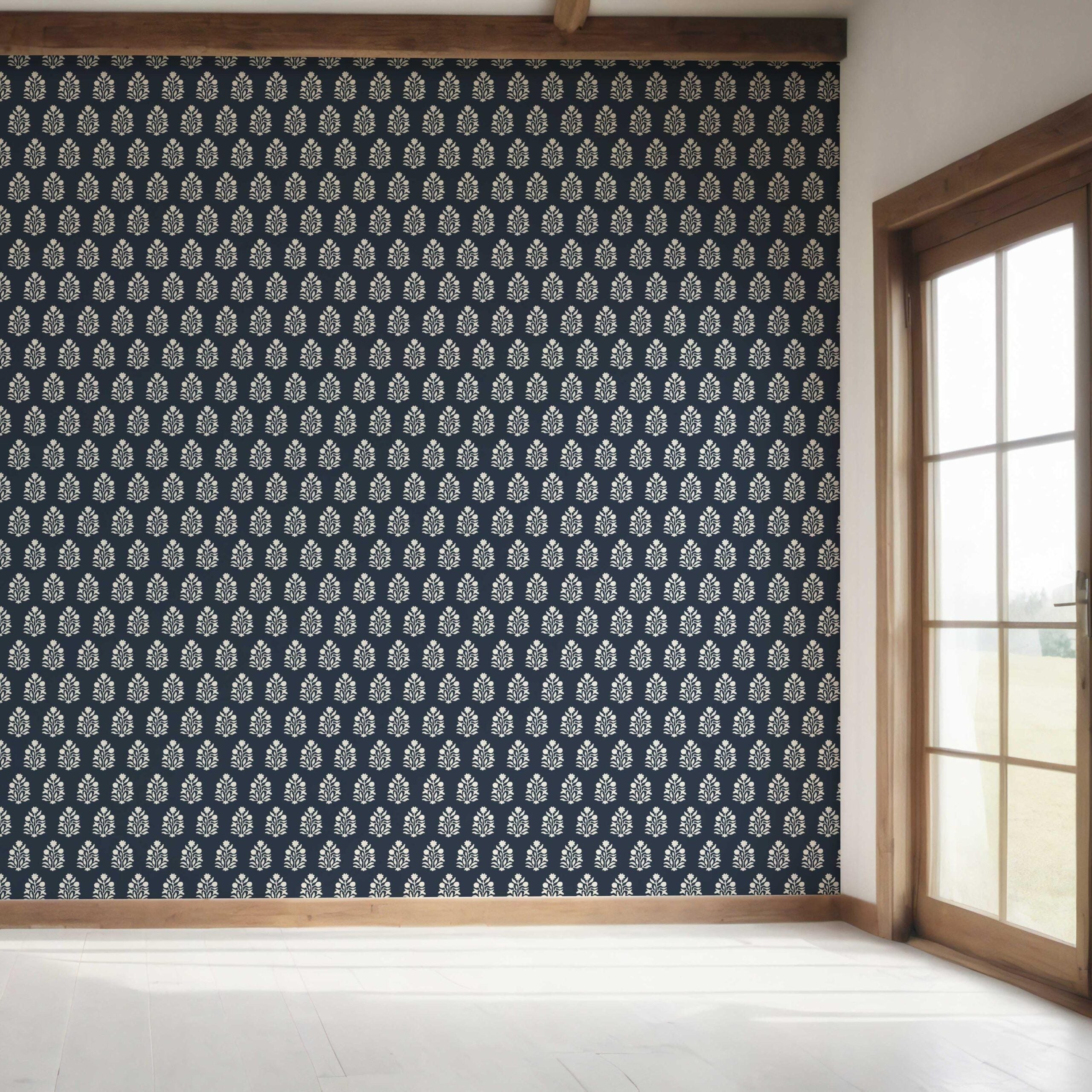 Vintage-Inspired Botanical Floral Block Print Bedroom Wallpaper Sample (Navy Blue/ White)