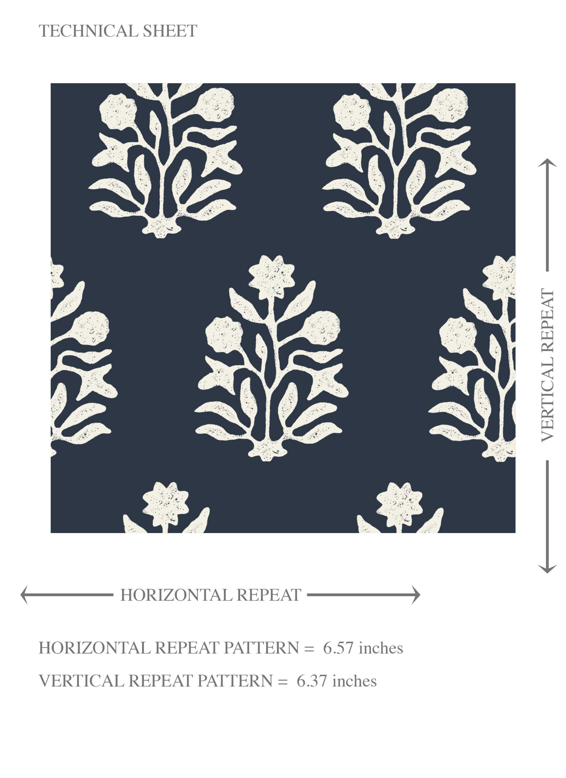 Vintage-Inspired Botanical Floral Block Print Kids Room Wallpaper Sample (Navy Blue/ White)
