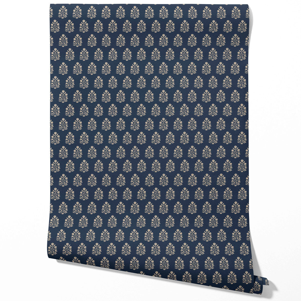 Vintage-Inspired Botanical Floral Block Print Traditional Wallpaper Sample (Navy Blue/ Beige)