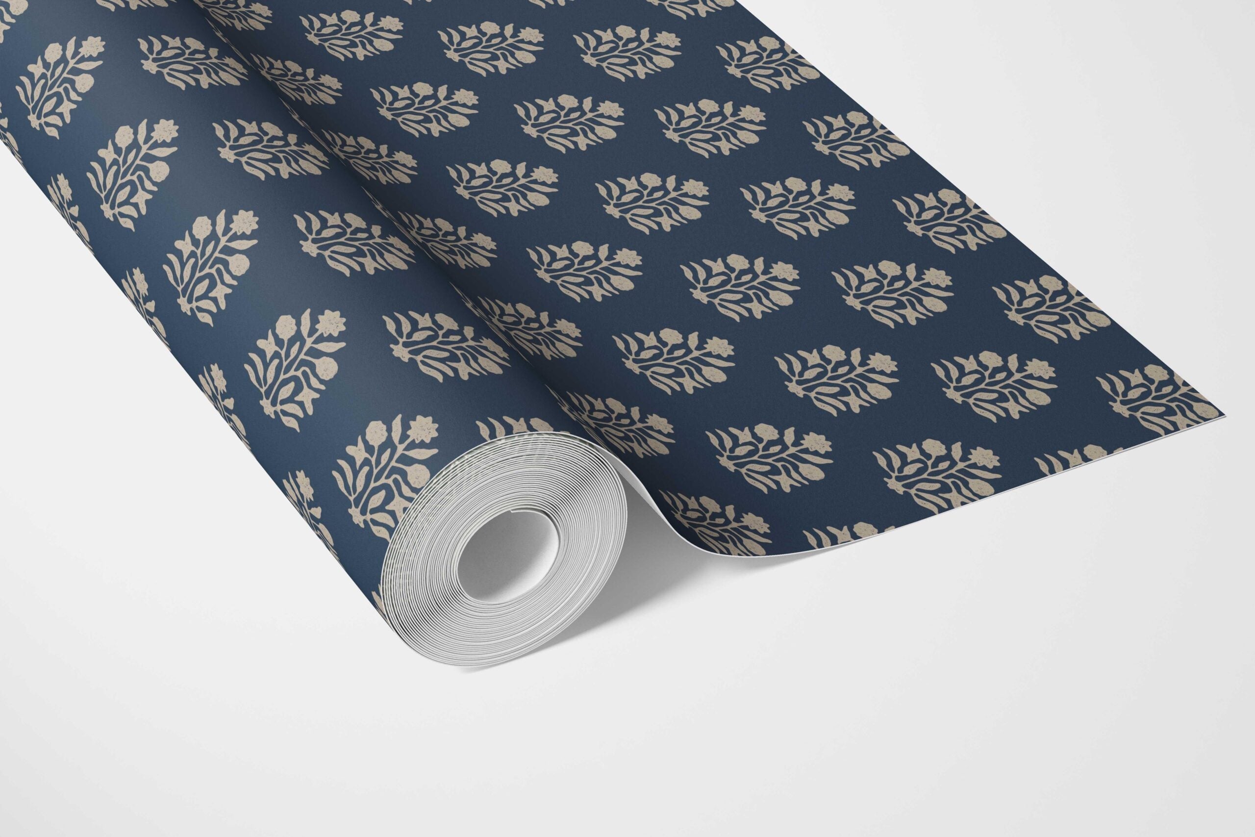 Vintage-Inspired Botanical Floral Block Print Bathroom Wallpaper Sample (Navy Blue/ Beige)