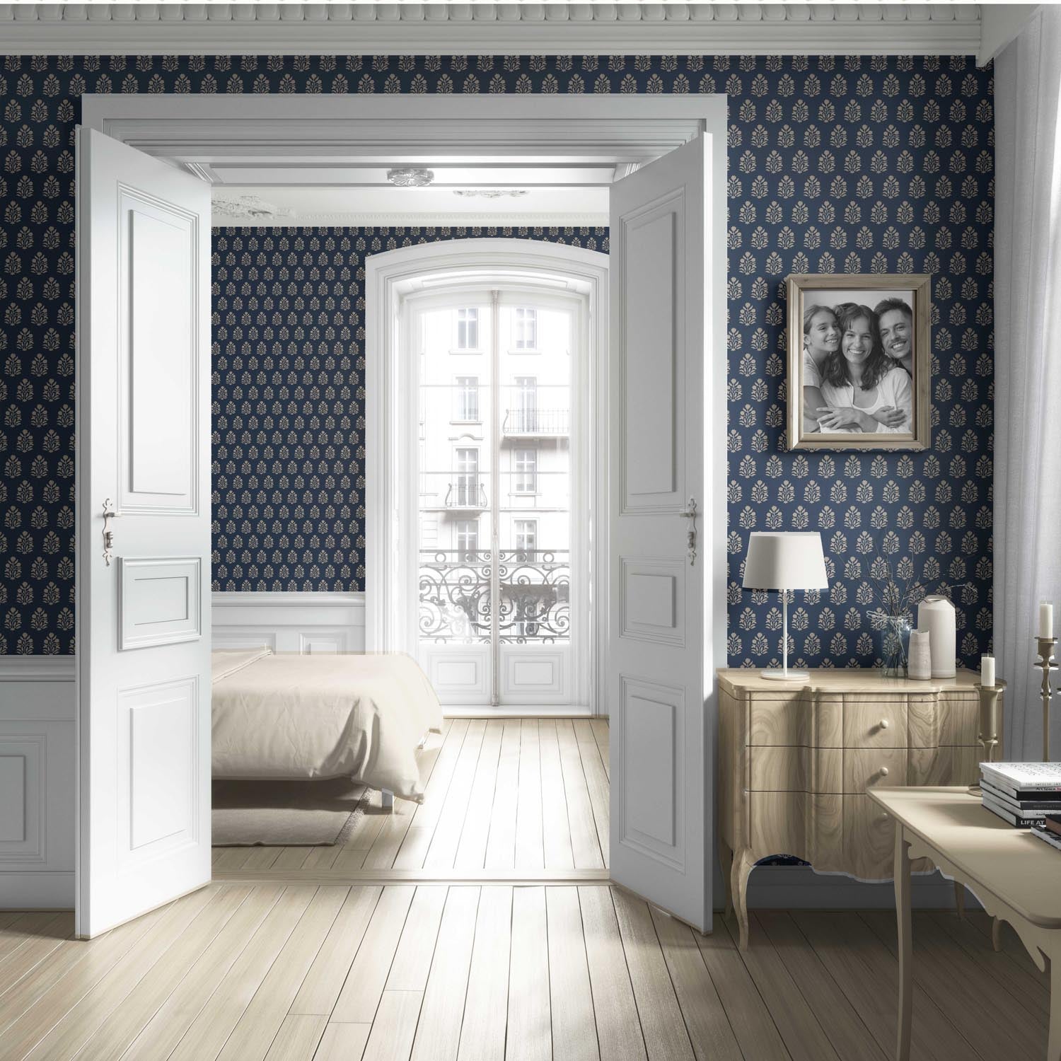 Vintage-Inspired Botanical Floral Block Print Living Room Wallpaper (Navy Blue/ Beige)