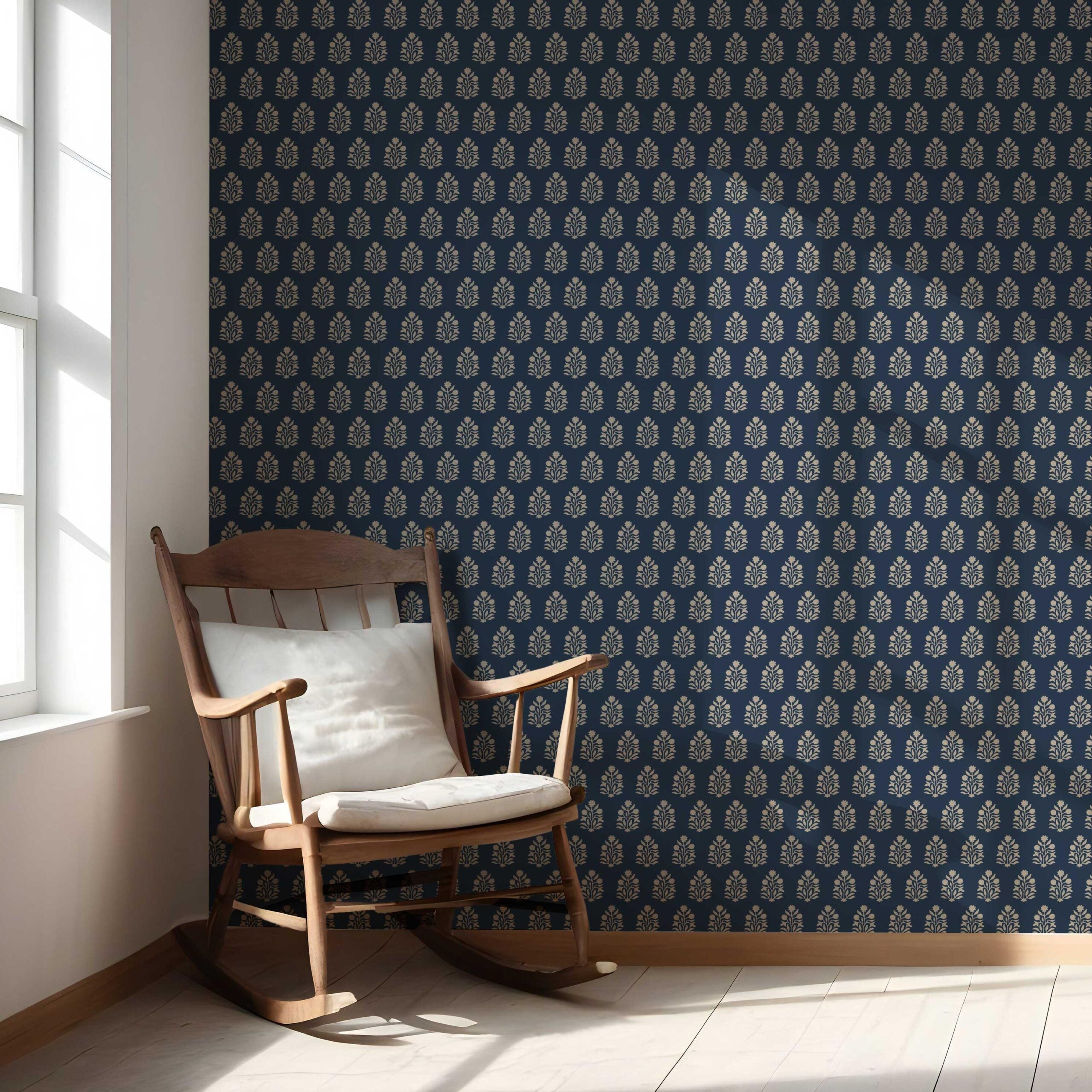 Vintage-Inspired Botanical Floral Block Print Nursery Wallpaper (Navy Blue/ Beige)