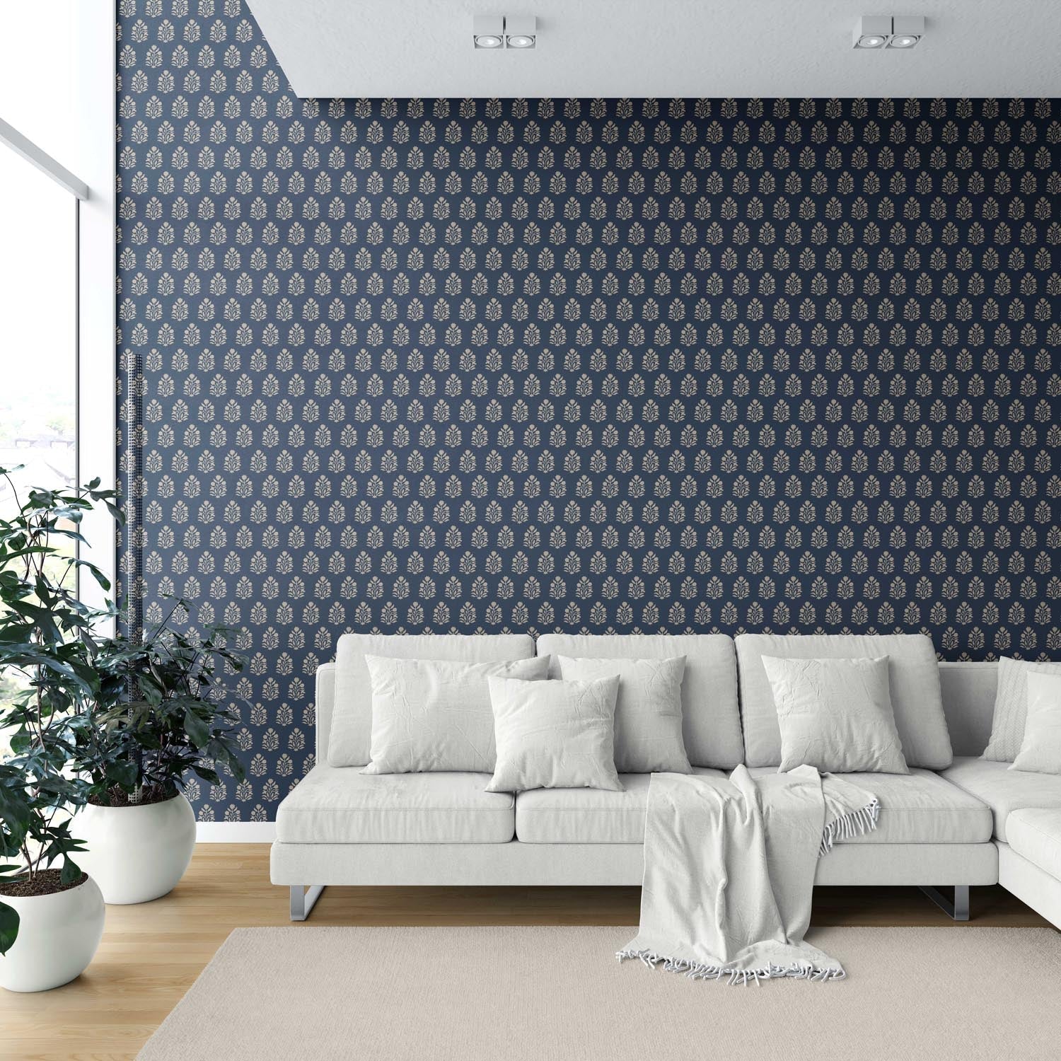 Vintage-Inspired Botanical Floral Block Print Shower Toilet Wallpaper (Navy Blue/ Beige)
