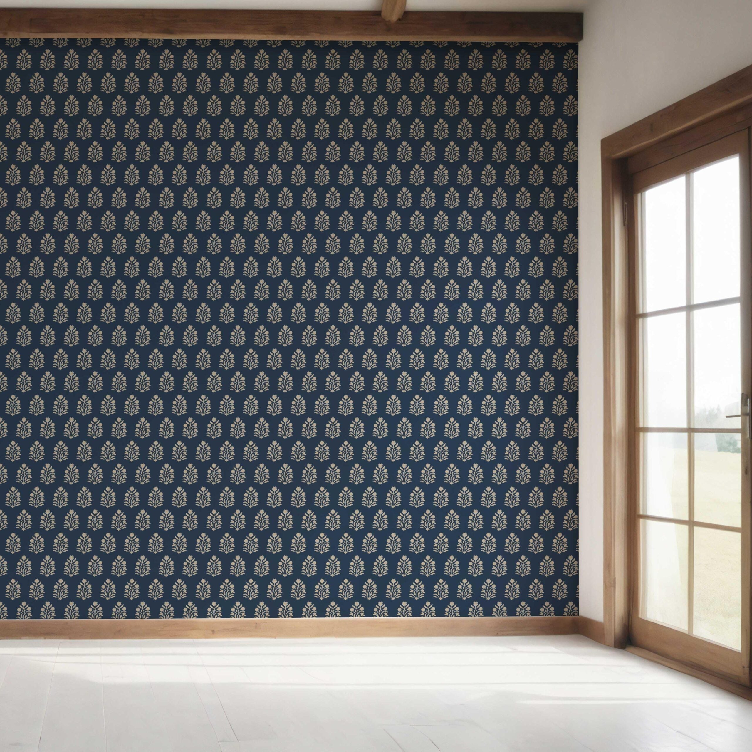 Vintage-Inspired Botanical Floral Block Print Bedroom Wallpaper (Navy Blue/ Beige)