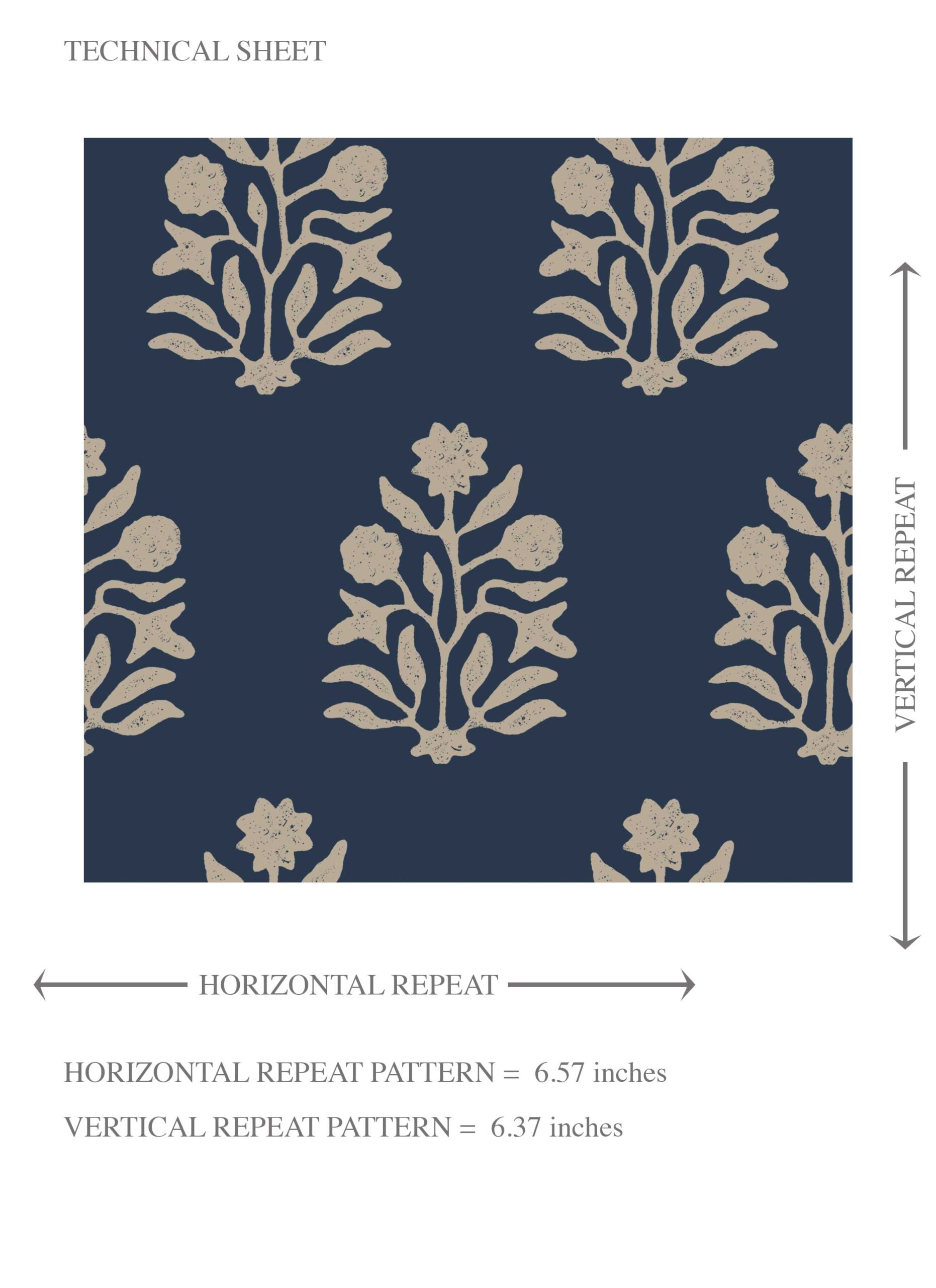Vintage-Inspired Botanical Floral Block Print Kids Room Wallpaper (Navy Blue/ Beige)