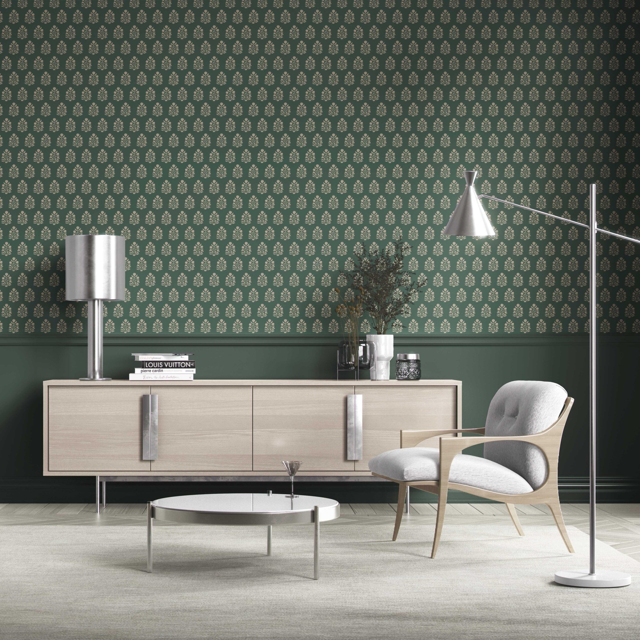 Vintage-Inspired Botanical Floral Block Print Kitchen Wallpaper (Green/ Beige)