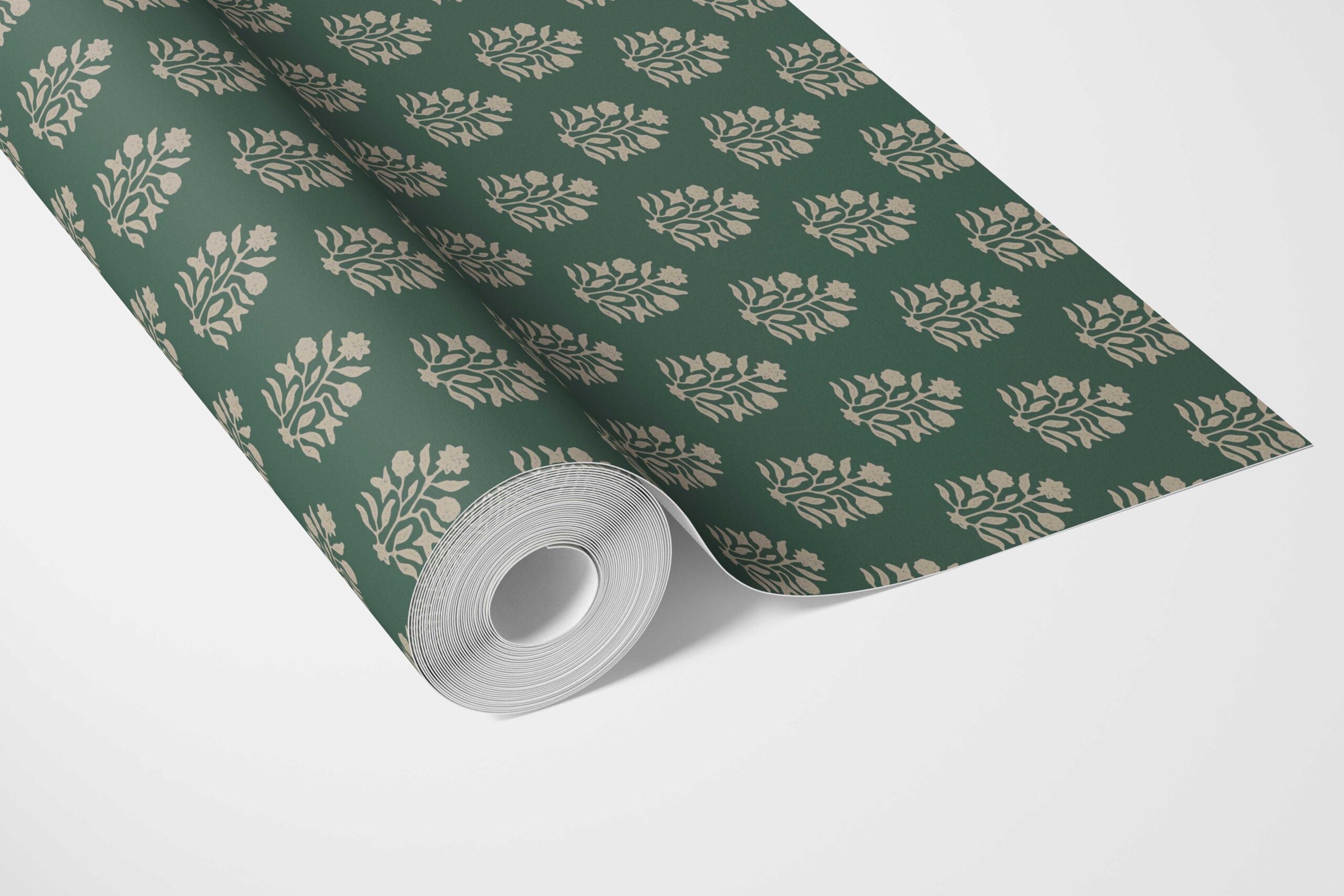 Vintage-Inspired Botanical Floral Block Print Bathroom Wallpaper (Green/ Beige)