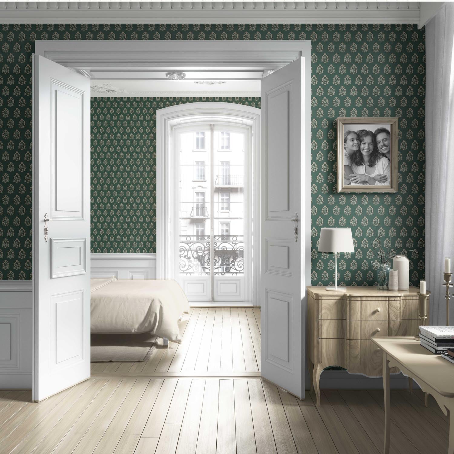Vintage-Inspired Botanical Floral Block Print Living Room Wallpaper (Green/ Beige)
