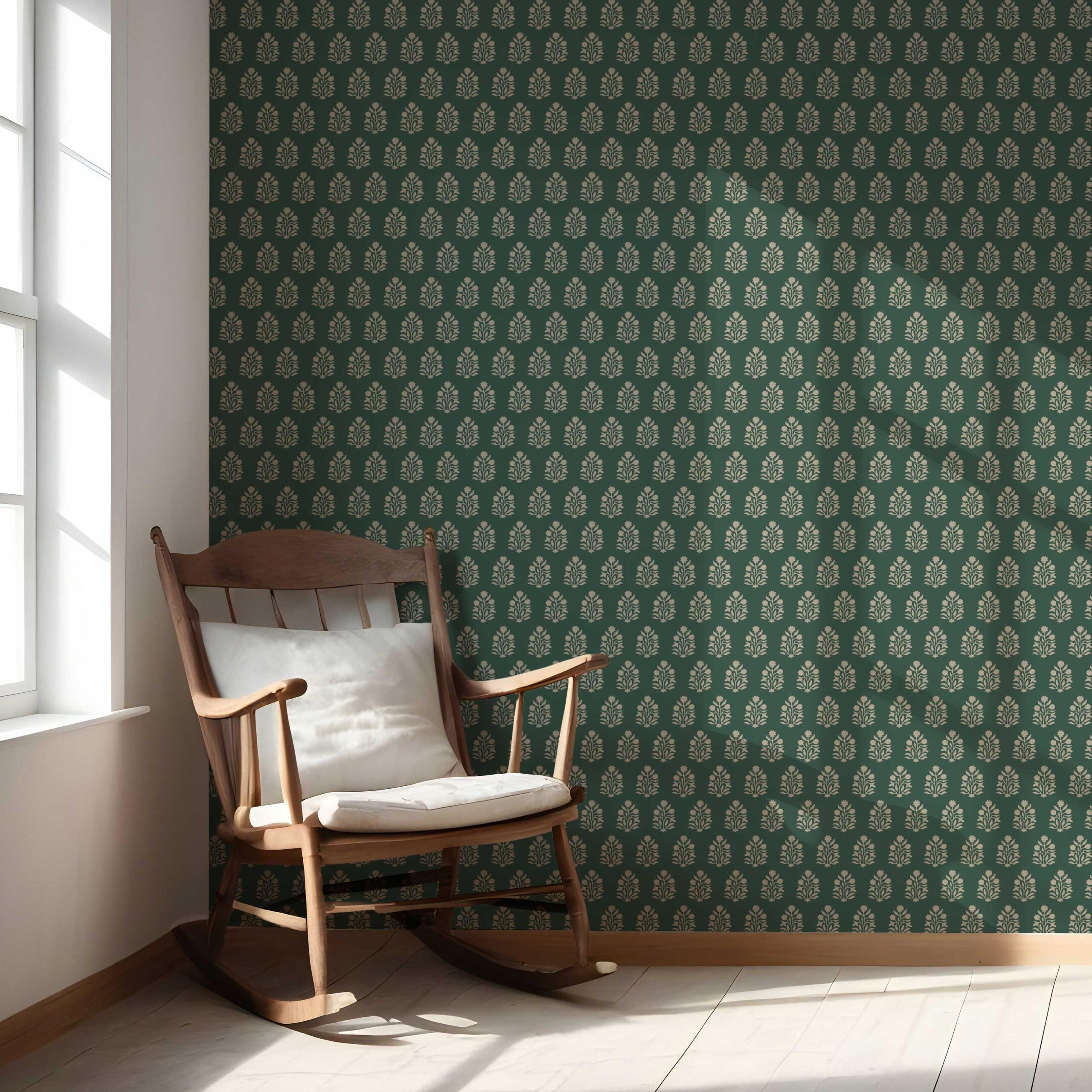 Vintage-Inspired Botanical Floral Block Print Nursery Wallpaper (Green/ Beige)
