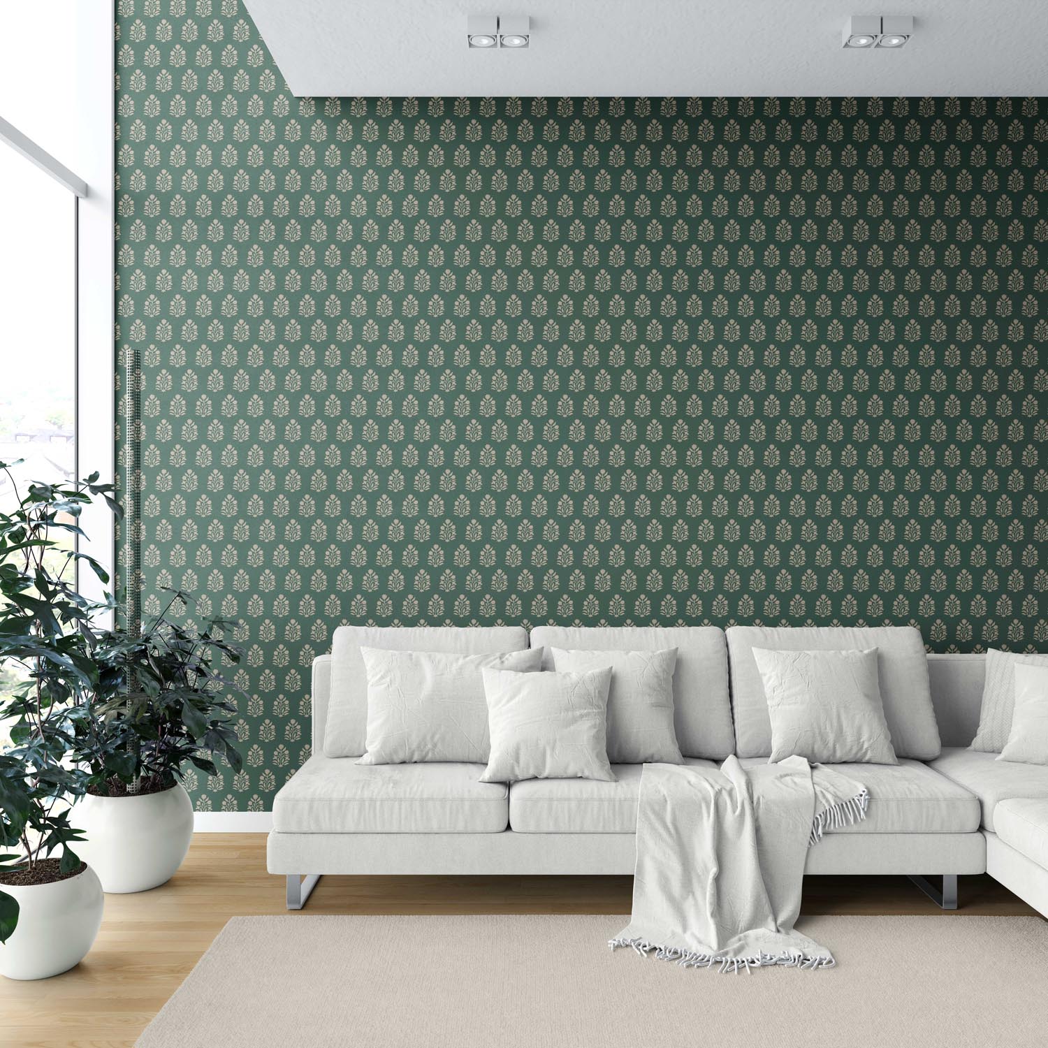 Vintage-Inspired Botanical Floral Block Print Shower Toilet Wallpaper (Green/ Beige)